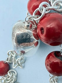 Long Sterling Silver & Red Bead Necklace, 925 Marked Connectors, Modern Artisan Style