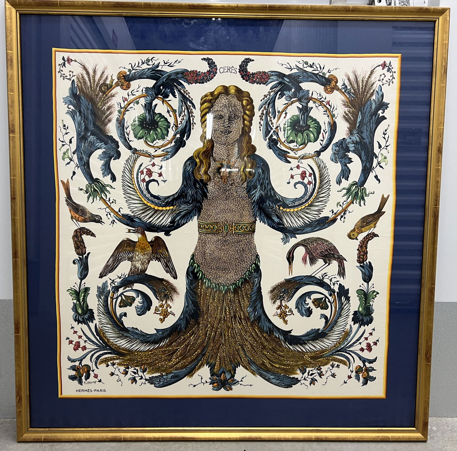 Hermès Paris “Ceres” Silk Scarf, Framed Decorative Textile Art, Signed F. Faconnet: Hermès “Ceres” silk scarf, France, depicting the Roman goddess of agriculture surrounded by ornate classical and botanical motifs. Designed after an early engraved illustration, this iconic H