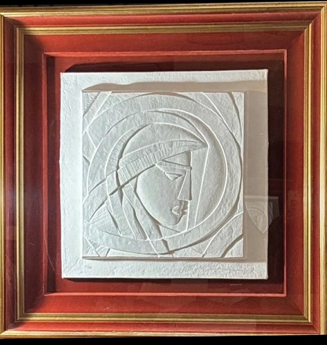 Anthony Quinn Signed Vellum Relief Wall Sculpture, Framed, Dated 1995: A signed wall-mounted relief sculpture by Anthony Quinn, executed as a sculpted vellum relief depicting a stylized female profile rendered in flowing, abstracted linear forms. The relief demonstrates
