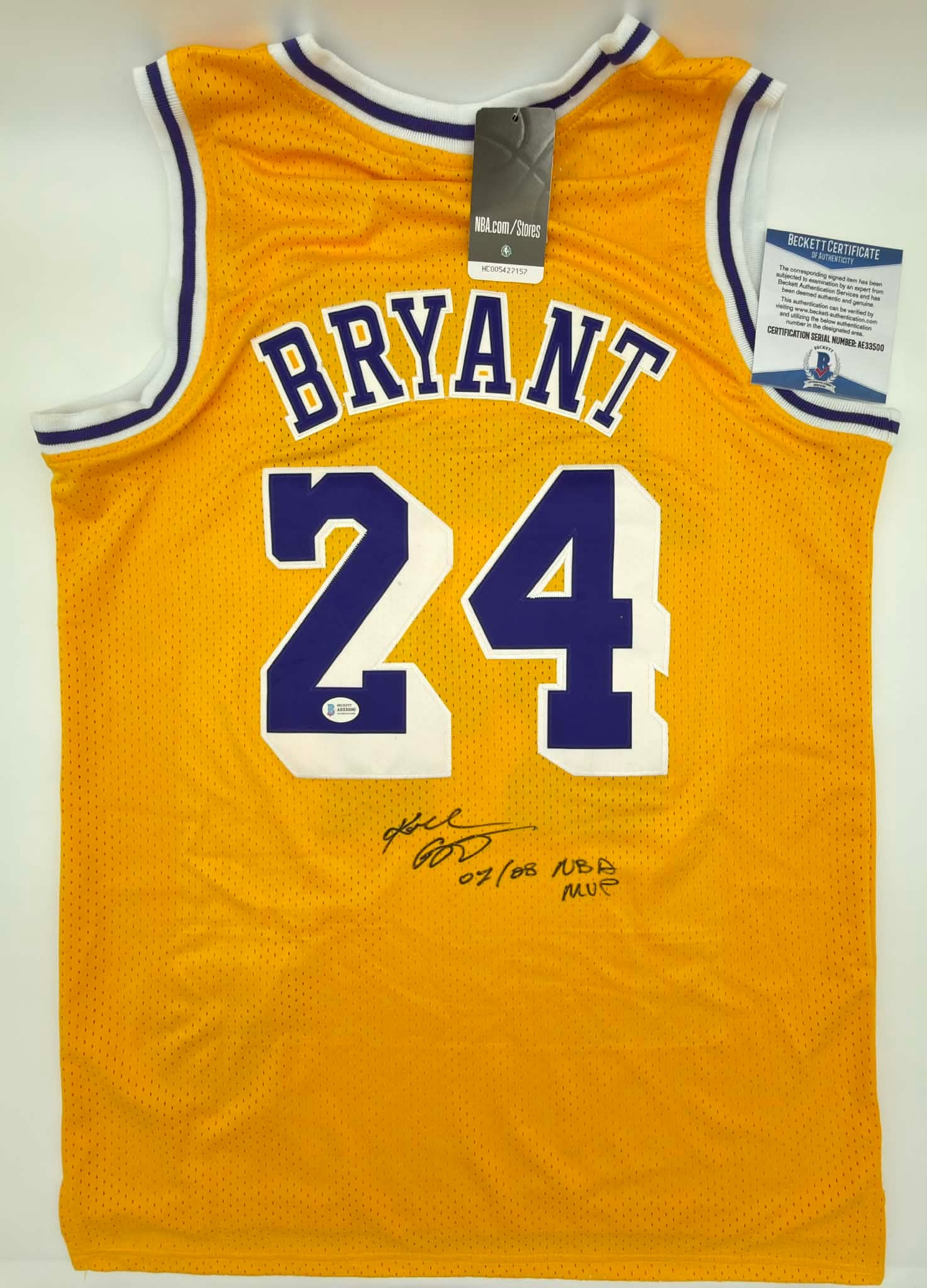 Autographed Kobe Bryant Lakers #24 Jersey – Beckett COA – Inscribed “07/08 NBA MVP” (1 of 8)