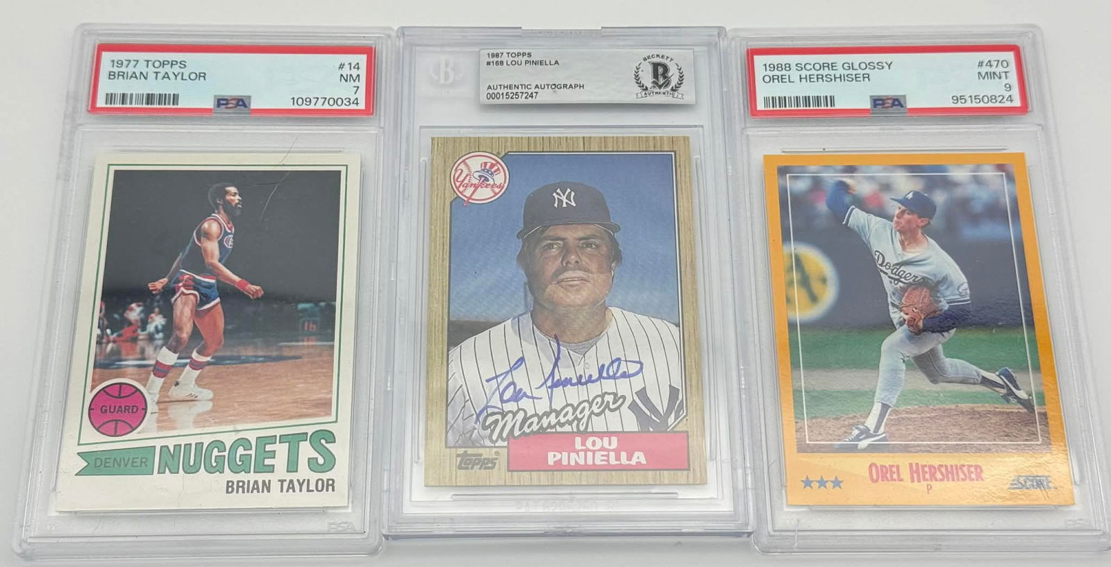 Set of Three Graded Cards – Brian Taylor, Lou Piniella (Autograph), Orel Hershiser (1 of 2)