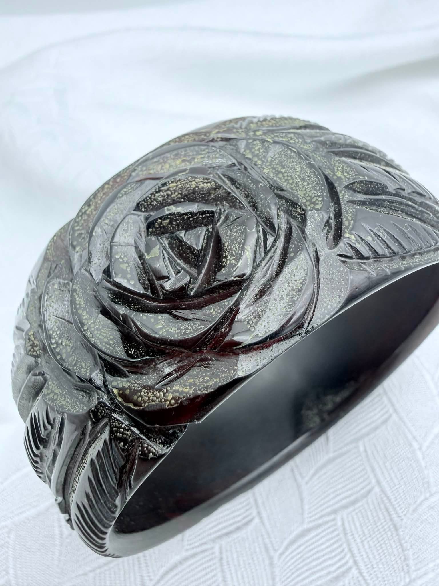 Vintage Carved Black Catalin Bakelite Bangle Bracelet, Floral Rose Motif, Mid-20th C. (1 of 4)