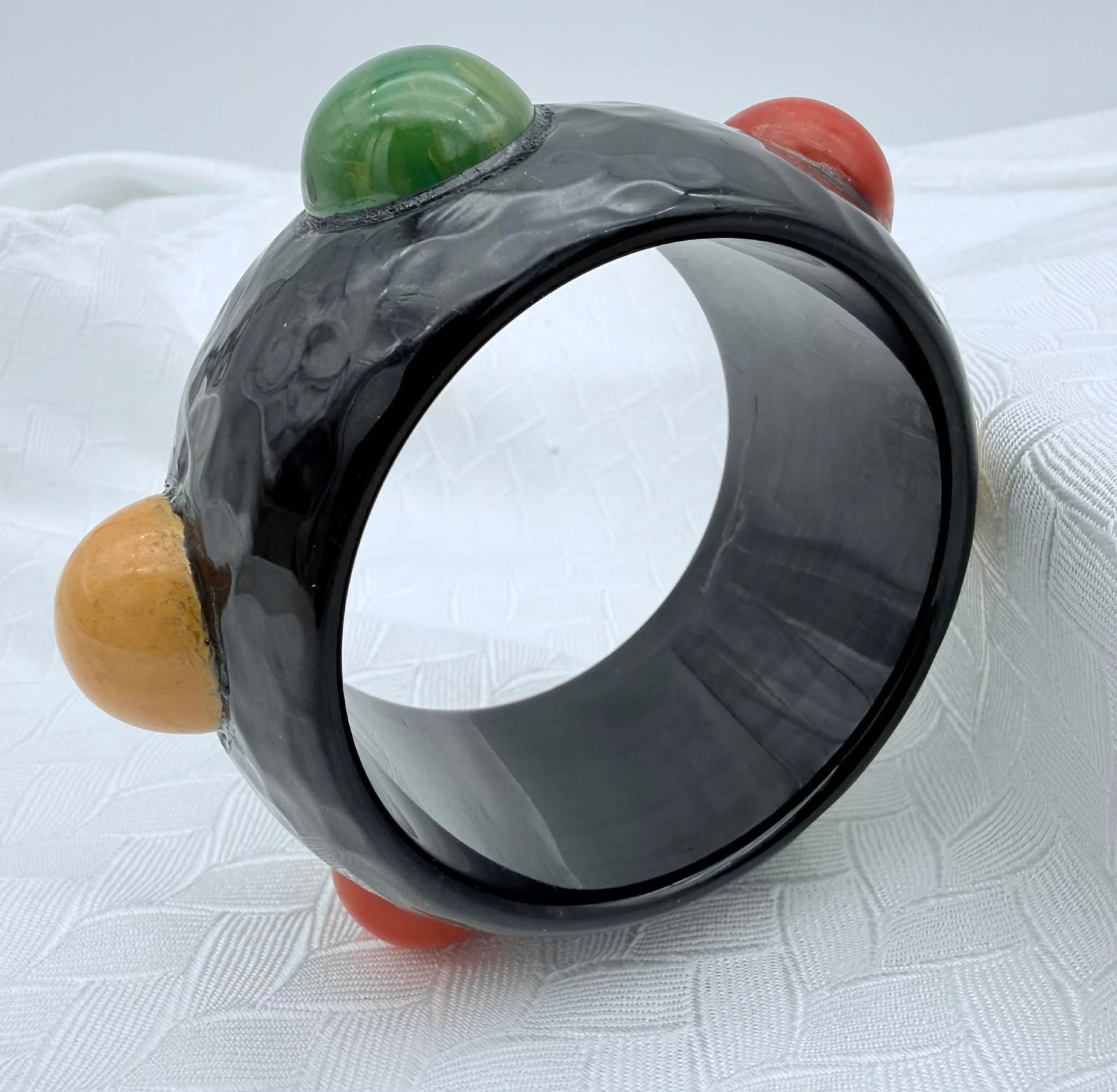 Vintage Carved Bakelite Bangle Bracelet, Polka Dot Design, Wide Form (1 of 3)