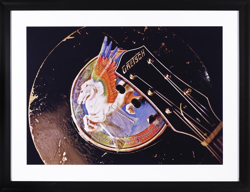 Steve Miller Gretsch Guitar – Original Photo by Lisa S. Johnson, Large Framed Rock Photography: Featured here is an authentic original photograph of Steve Miller’s Gretsch guitar, captured by renowned rock photographer Lisa S. Johnson for her celebrated book 108 Rock Star Guitars.The photograp