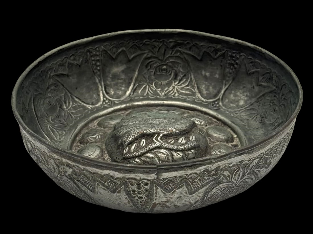 Antique Ottoman Turkish Hammam Bowl, Hand-Chased Metal, 19th Century: This antique metal bowl is believed to be a Turkish hammam (bathhouse) bowl, likely dating to the 19th century Ottoman period. The bowl features hand-chased and repoussé decoration throughout, includ