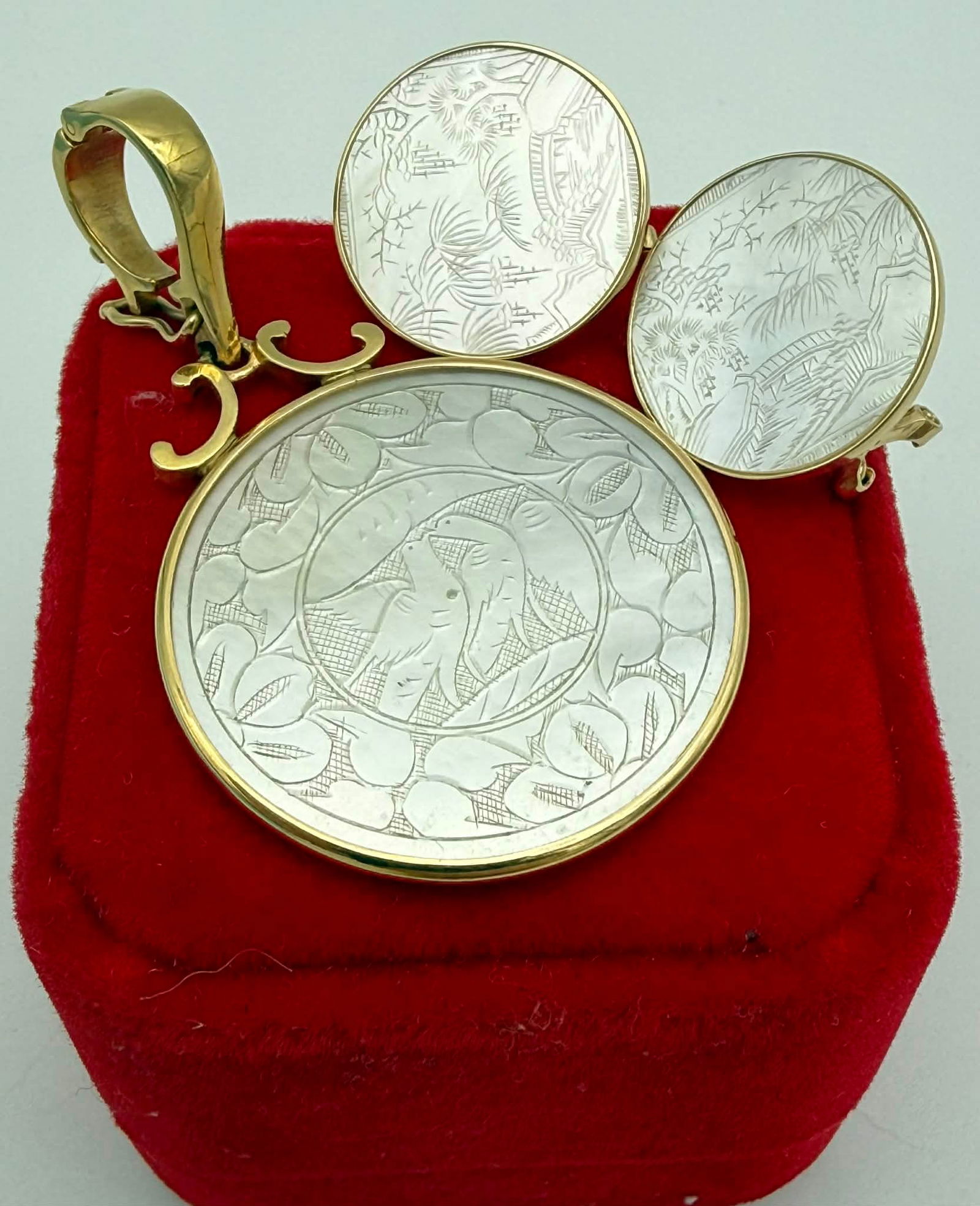 Mother-of-Pearl Pendant & Matching Earrings with Hand-Engraved Dove Motif, Earrings Stamped 14K (1 of 6)