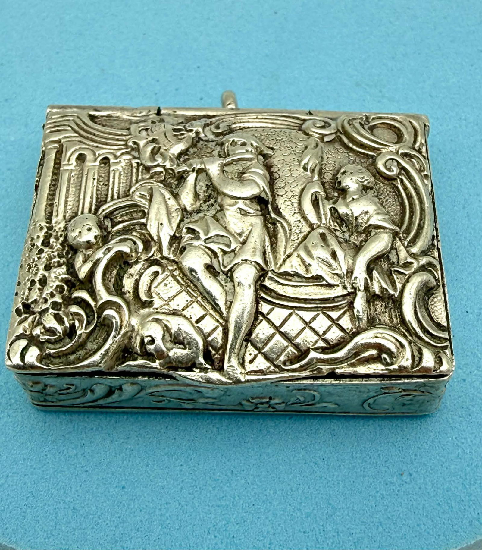 German Sterling Silver Repoussé Snuff Box Pendant, Figural Scene, 19th Century (1 of 6)