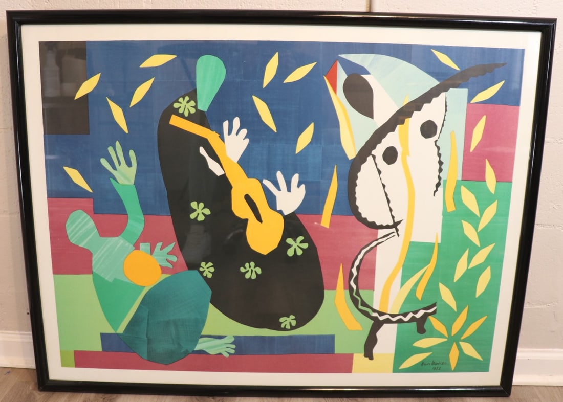 After Henri Matisse, Color Lithograph Composition, Framed: Color lithograph after Henri Matisse, depicting a bold, abstract figural composition rendered in flat, vibrant fields of color. The imagery reflects the artist’s well-known late-period graphic style