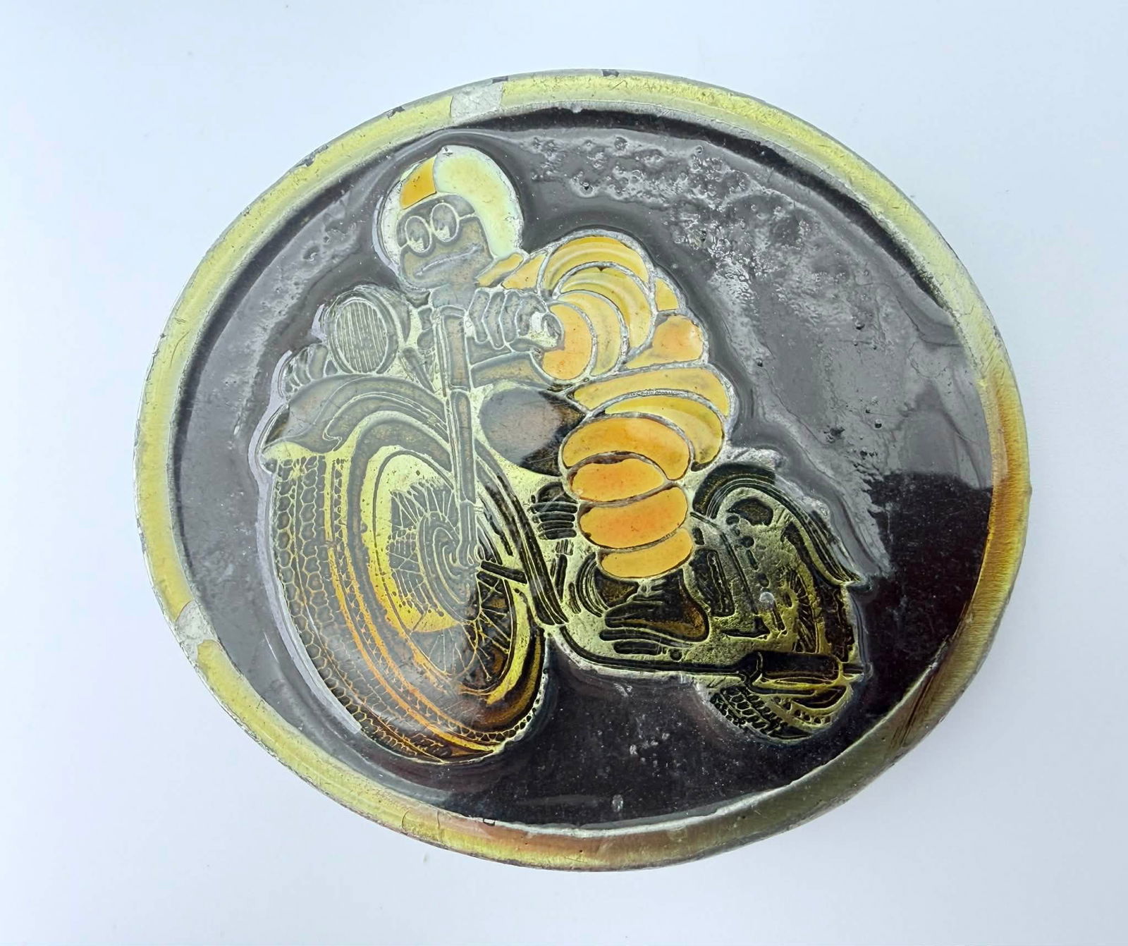 Scarce Vintage Michelin Man “Bibendum” Motorcycle Belt Buckle – Oval USA, Serial No. 655 (1 of 4)