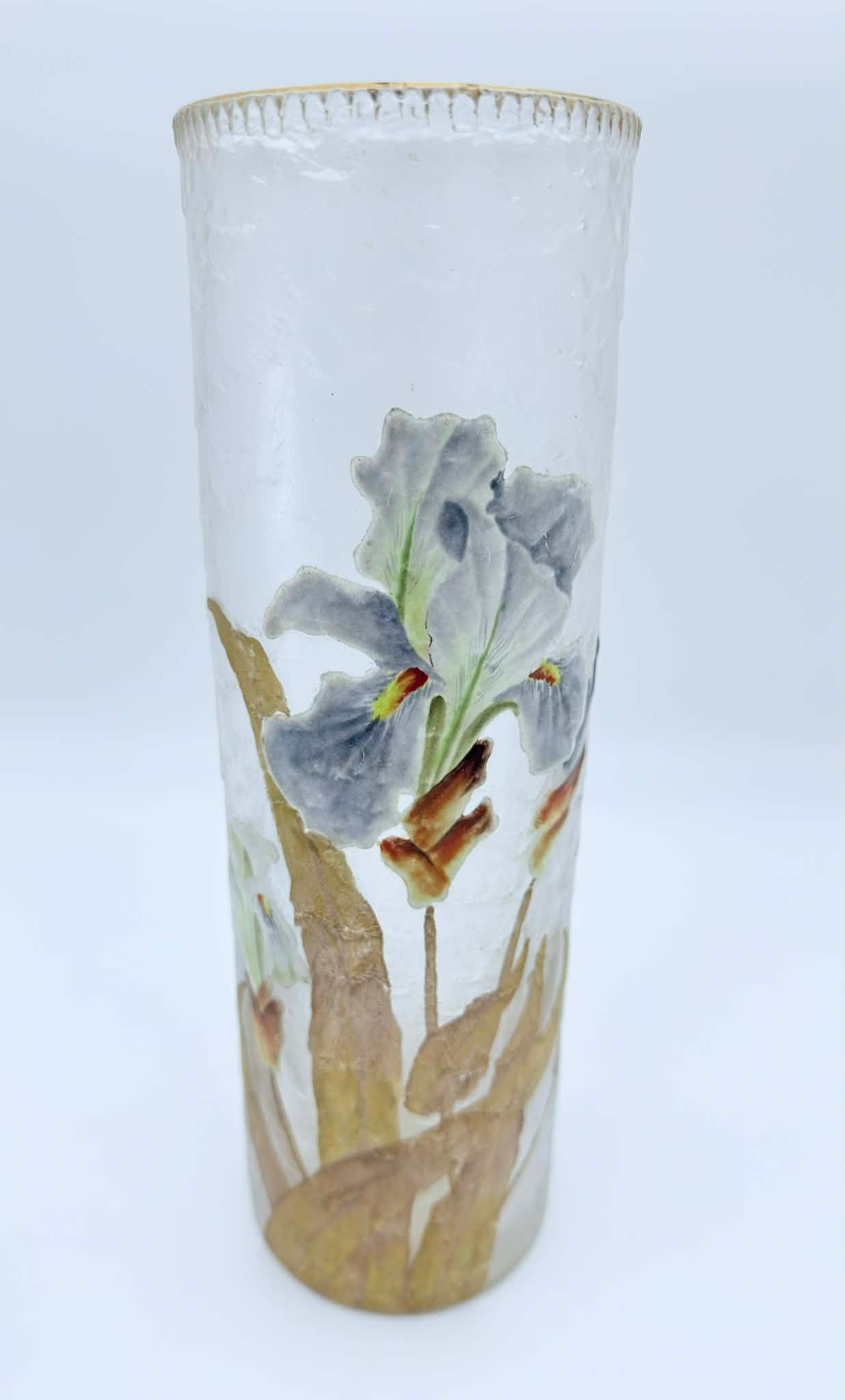 Antique French Mont Joye Art Glass Vase, Enameled Floral Decor, Gilt Rim, c. 1900 (1 of 7)