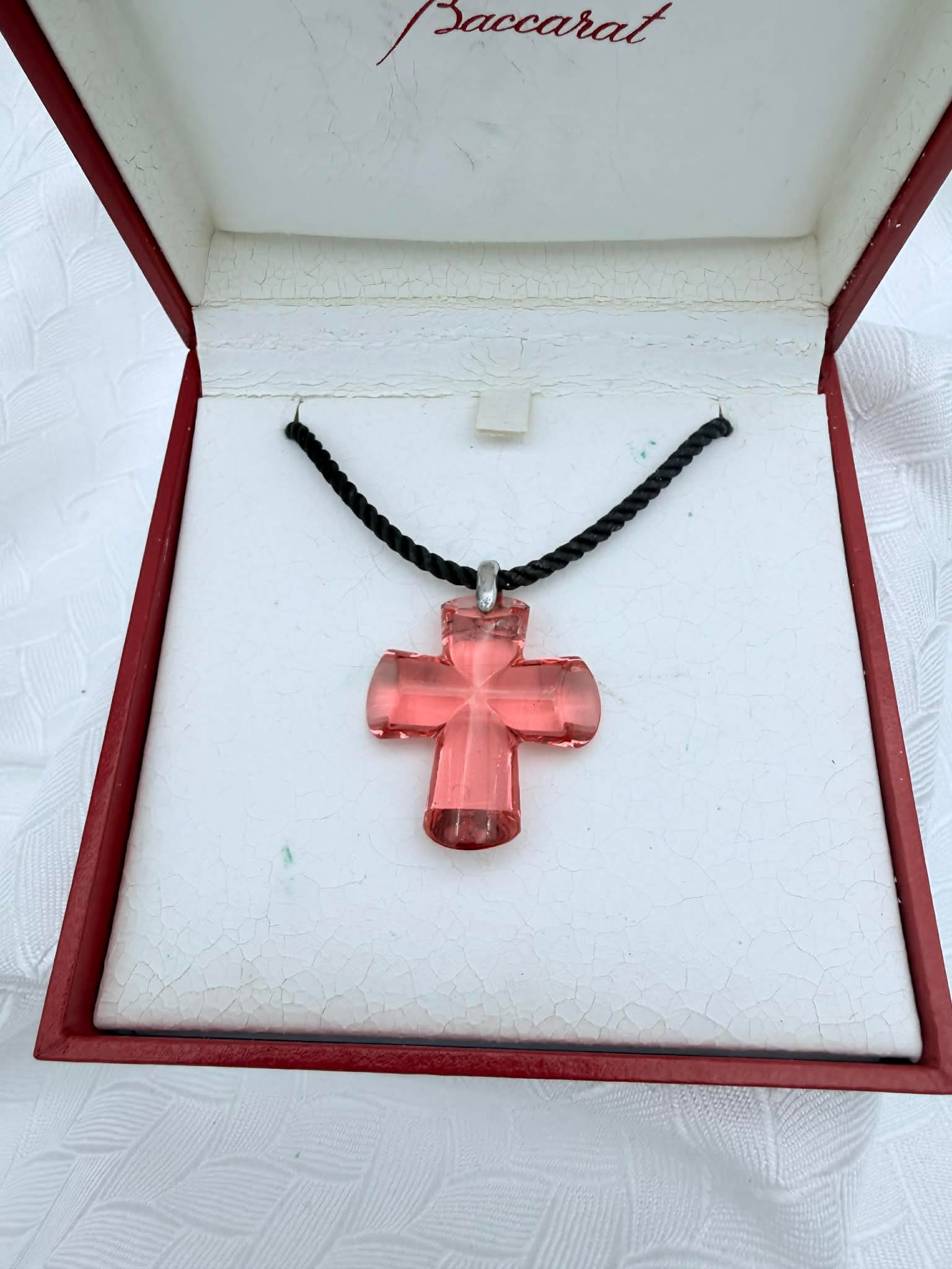 Baccarat Light Red Crystal Cross Necklace in Box, French (1 of 5)