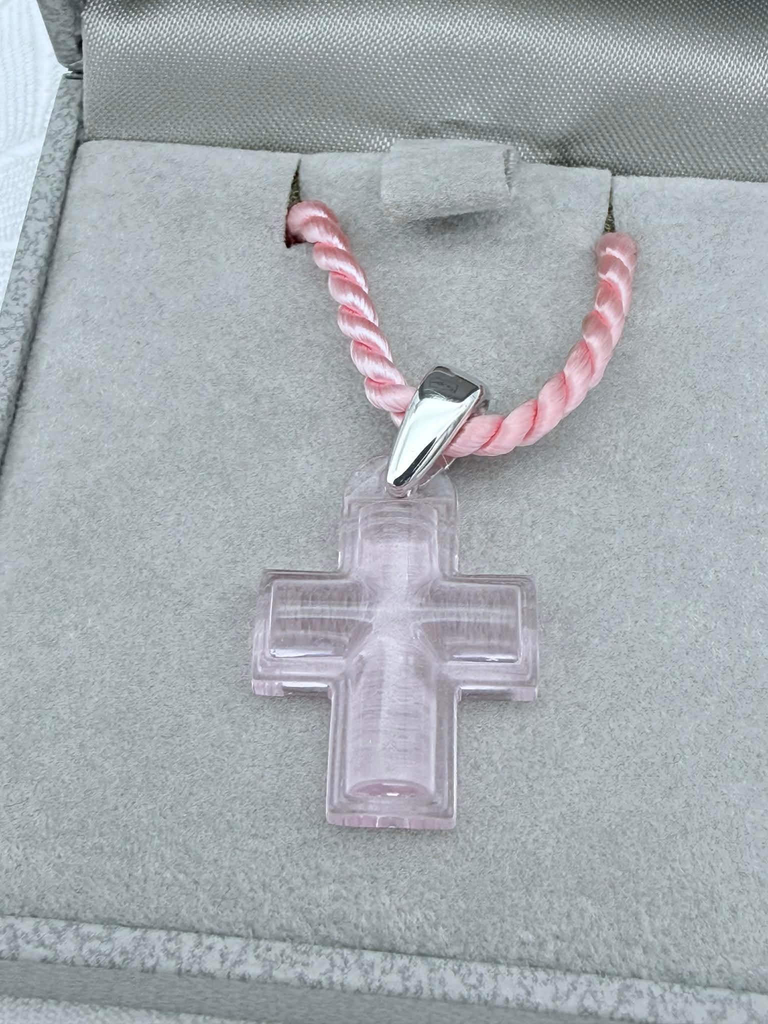 Lalique Pink Cross Pendant Necklace - Crystal Jewelry France: Authentic Lalique Paris crystal cross pendant necklace, presented in its original Lalique box with accompanying documentation. This elegant pendant is crafted in pale pink molded crystal, inspired by