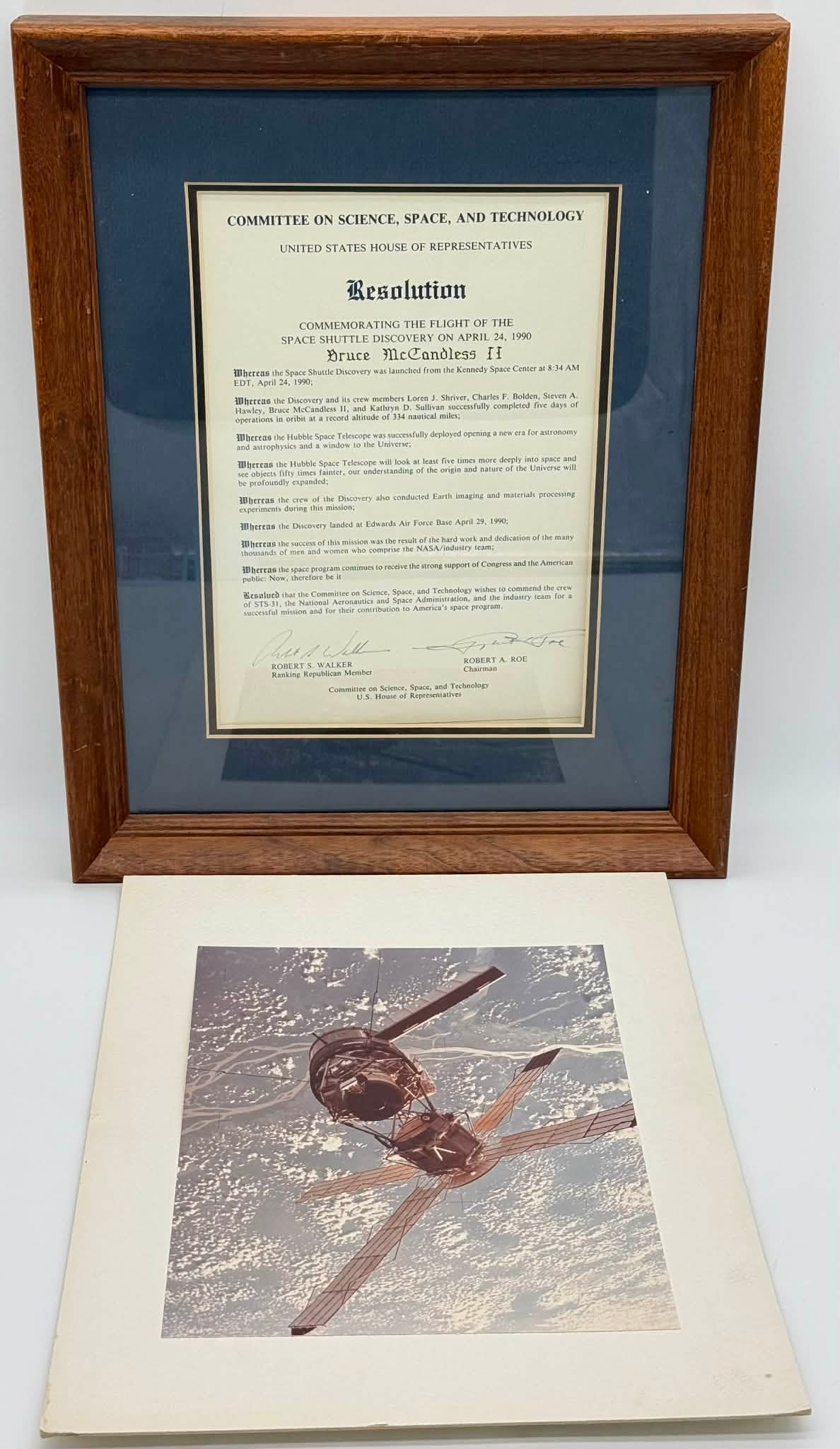 Bruce McCandless II STS-31 Hubble Deployment Congressional Resolution Hubble Telescope Photo (1 of 4)