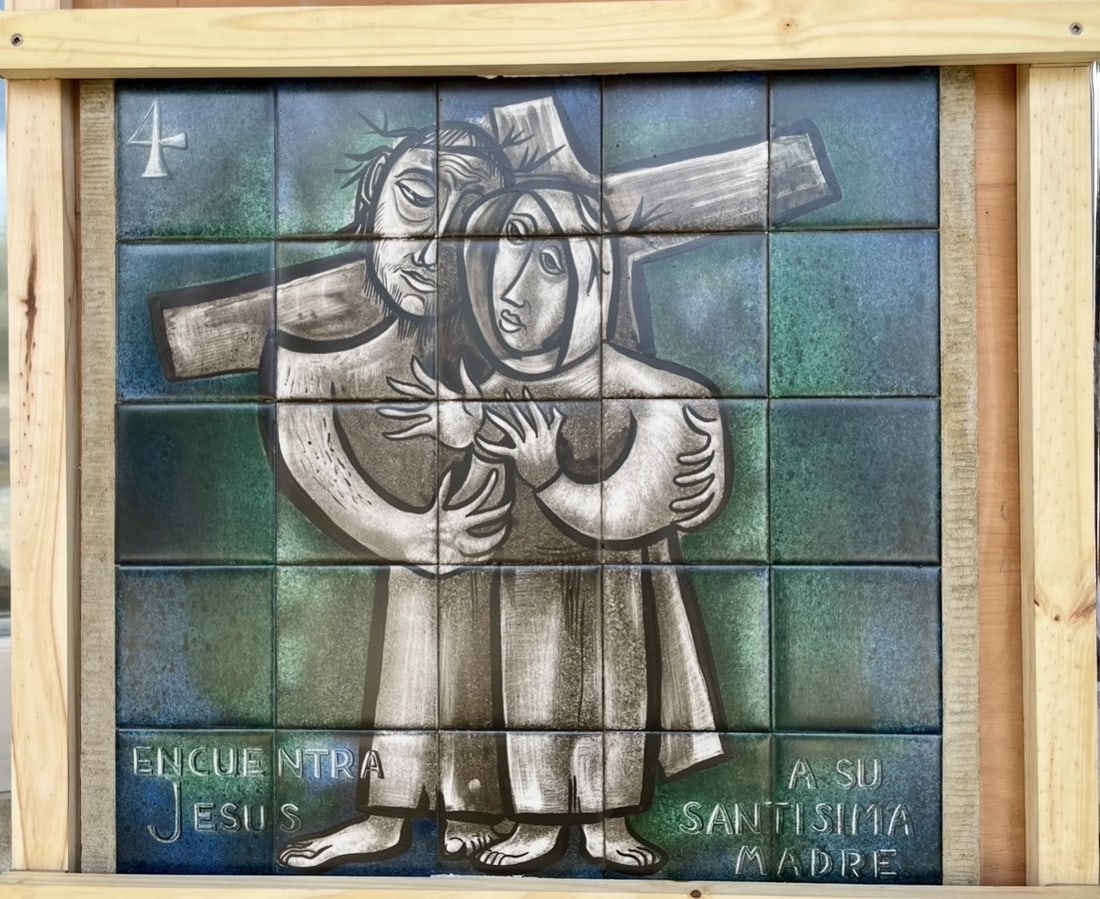 Fray Arnaldo “Marcolino” Maas Stations of the Cross Tile Panel “Jesús Encuentra": A striking devotional tile panel attributed to Fray Arnaldo “Marcolino” Maas, depicting Station IV of the Via Crucis (Stations of the Cross): Jesus Meets His Mother. This work is executed as a
