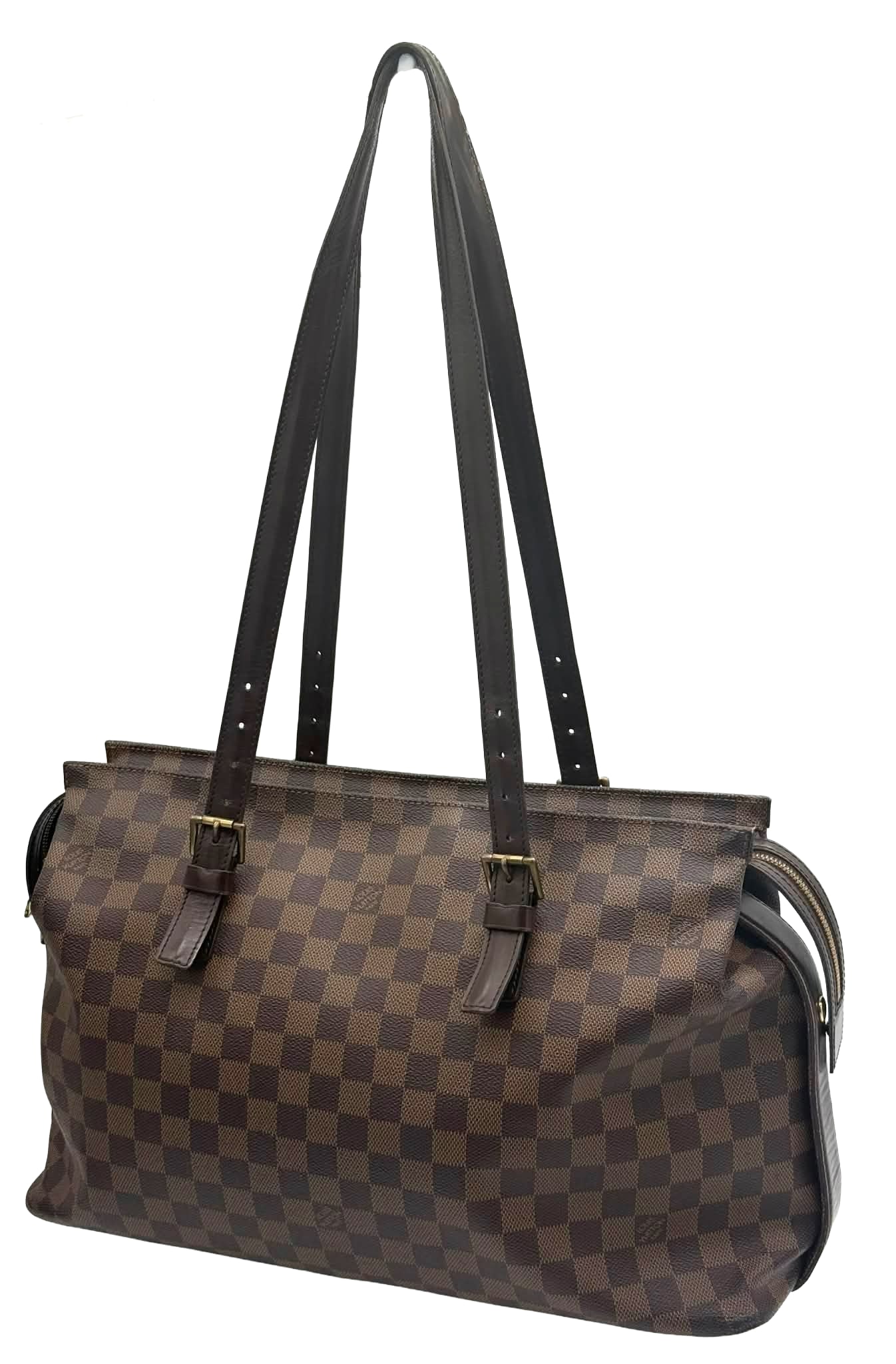 Louis Vuitton Damier Ebene Chelsea Tote Shoulder Bag, Made in France: Classic Louis Vuitton Damier Ebene Chelsea tote, crafted in the house’s signature brown checkerboard coated canvas with dark brown leather trim and adjustable shoulder straps. This structured zip-to