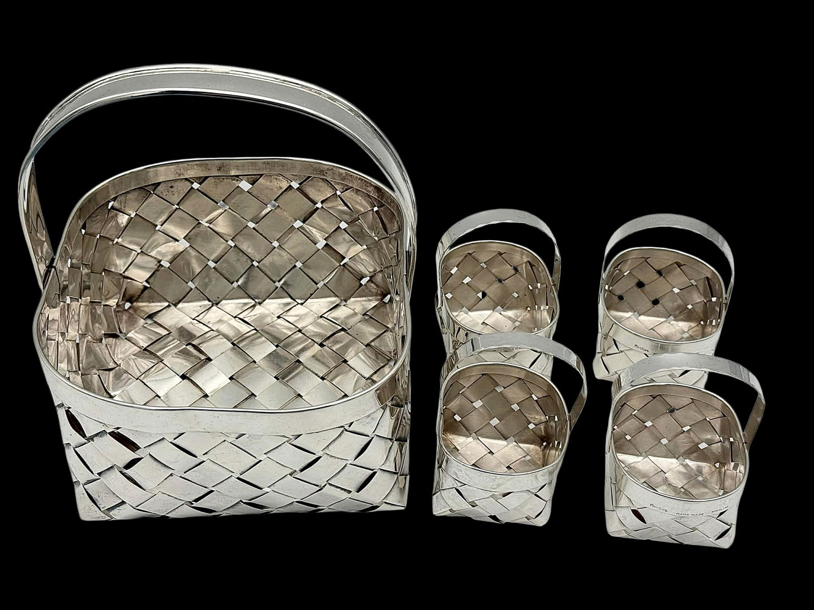 Cartier Hand-Made Sterling Silver Woven Basket Service – 5 Pieces – 1.26 lbs Total Weight (1 of 8)