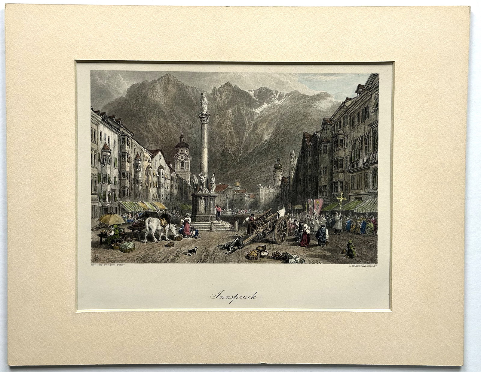 Antique Hand-Colored Topographical Print Innsbruck Austria City View, Matted (1 of 1)