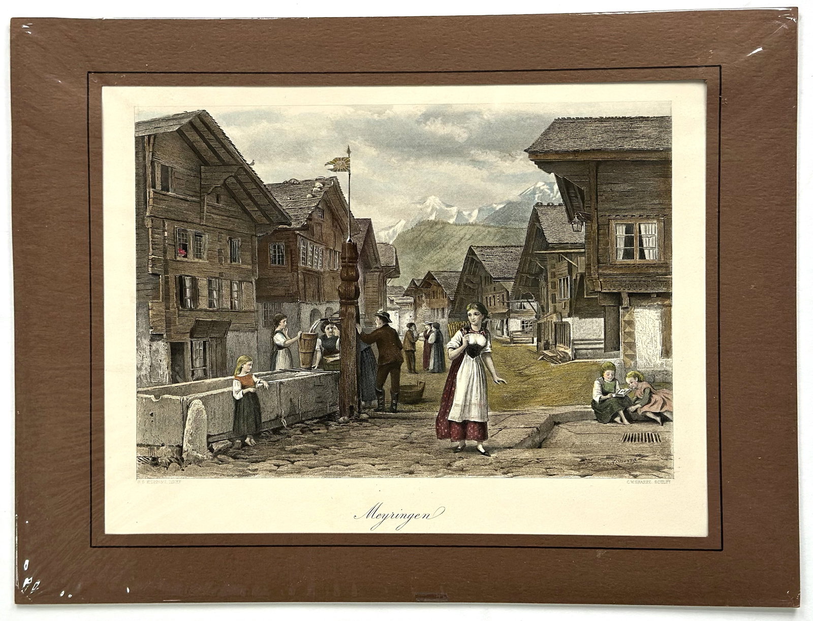 Antique Hand-Colored Alpine Village Scene Print, European Street View, Matted (1 of 2)