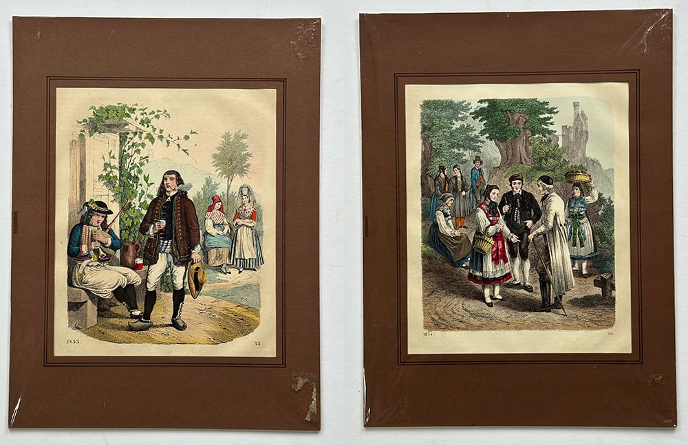Pair Antique Hand-Colored European Costume Prints, Figural Scenes Dated 1853 (1 of 3)