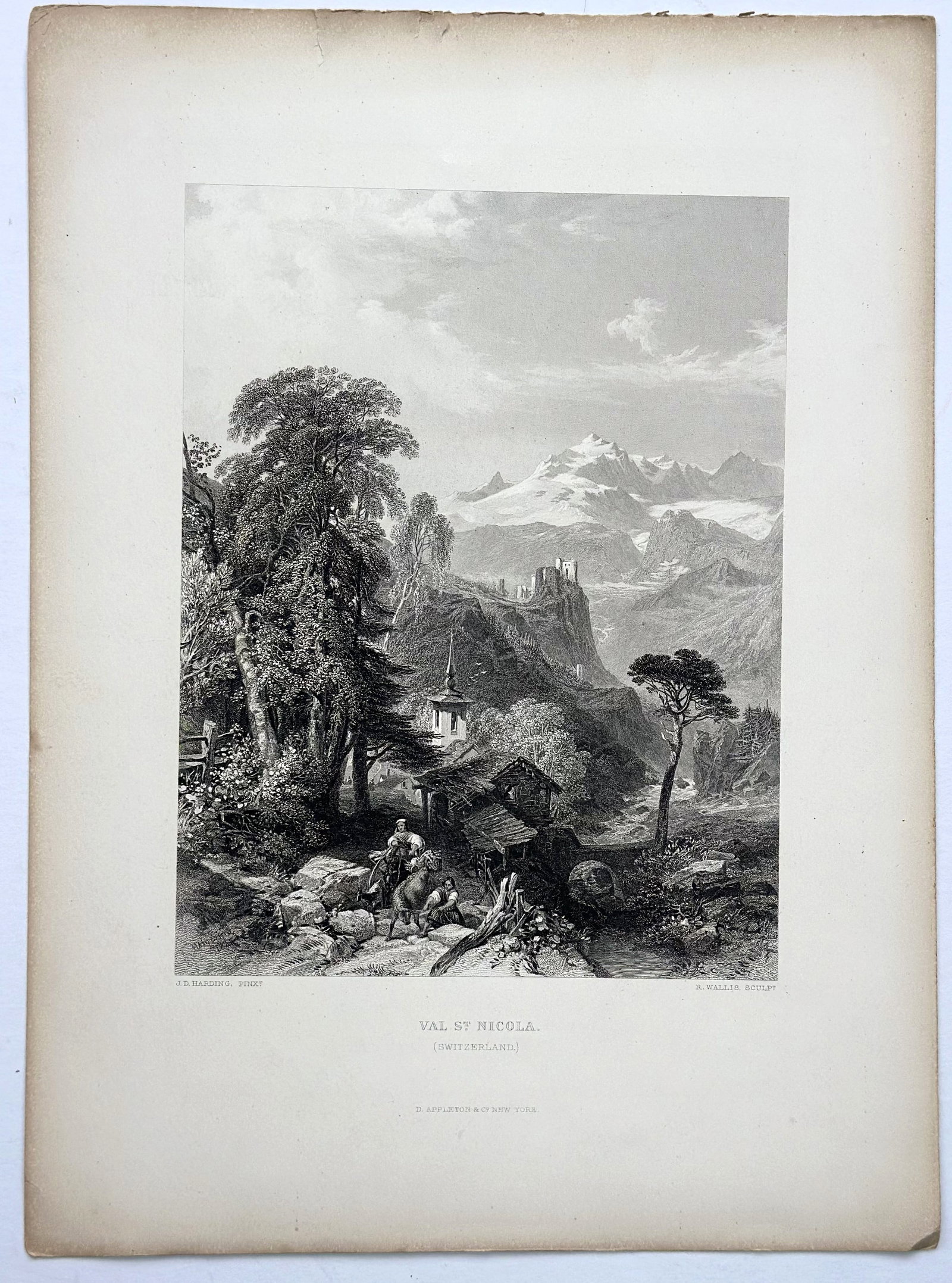 Antique European Landscape Engraving, Alpine Mountain Scene with Ruins (1 of 1)