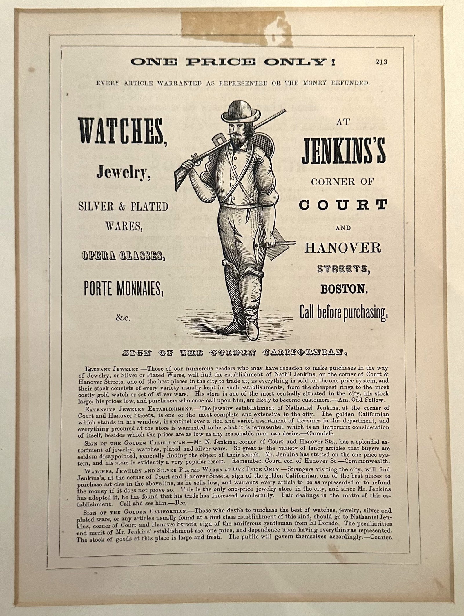 Antique Boston Advertising Broadside Jenkins Watches Jewelry Golden Californian Print: Antique advertising broadside promoting watches, jewelry, silver and plated wares for Jenkins, located at the corner of Court and Hanover Streets in Boston. The print features bold typography alongsid