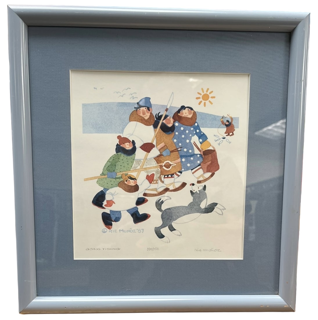 Rie Munoz Going Fishing 1987 Signed Limited Edition Print 339/750 Framed: A portion of the proceeds from the sale of this lot will benefit Greater Vail Community ReSources, supporting community programs including the ReSources Vail Food Bank. Limited edition print titled Go