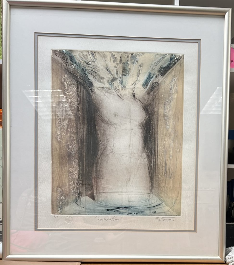 "Inspiration" Artist Proof Hand-Colored Etching Signed Sfirak Framed: A portion of the proceeds from the sale of this lot will benefit Greater Vail Community ReSources, supporting community programs including the ReSources Vail Food Bank. Artist proof etching titled Ins