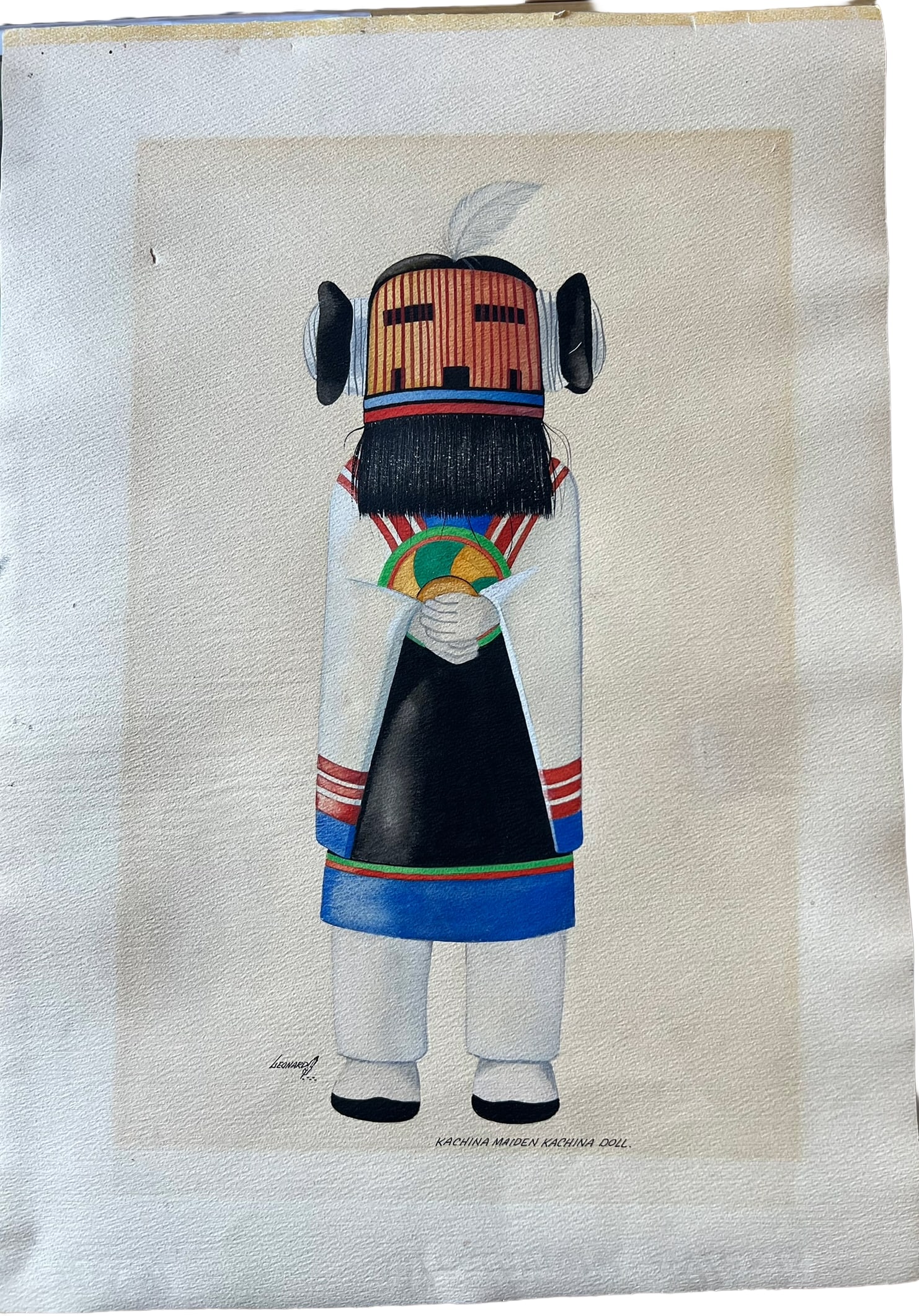 Joseph M. Leonard "Kachina Maiden Kachina Doll" Original Watercolor on Paper: Original watercolor painting titled Kachina Maiden Kachina Doll by artist Joseph M. Leonard. The composition depicts a stylized Hopi Kachina maiden figure rendered in a clean, graphic format typical o