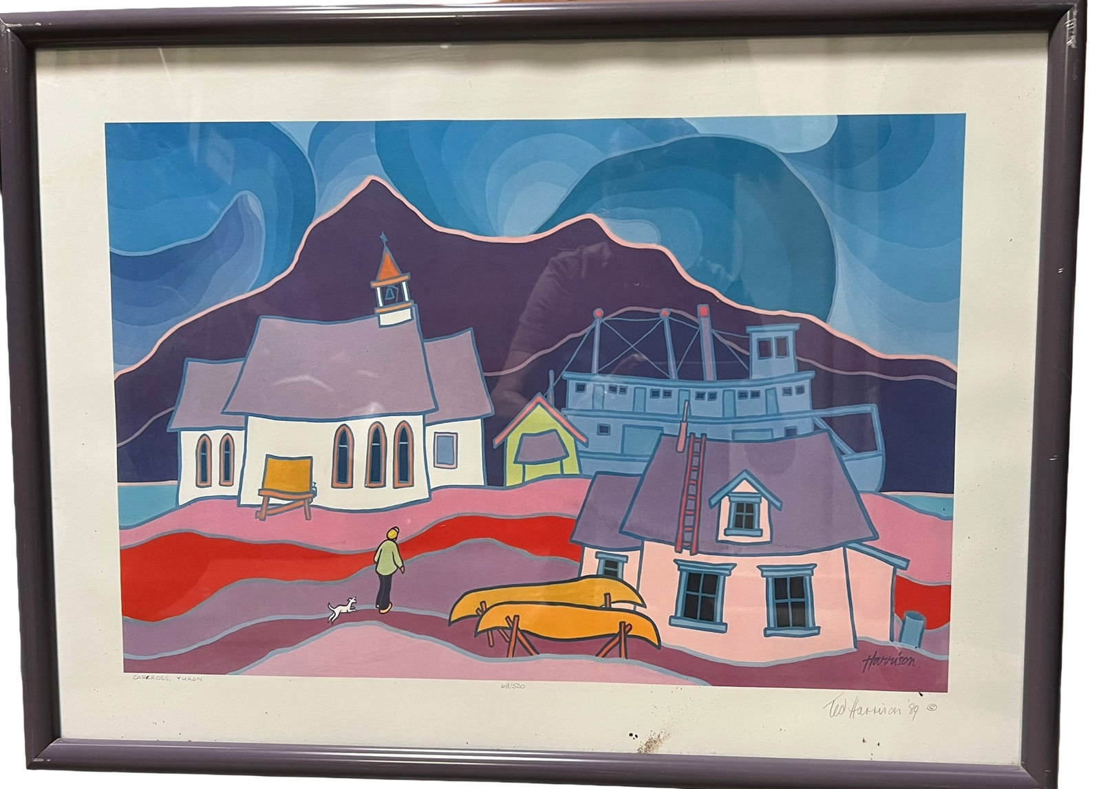 Ted Harrison Alaska Snowfall & Carcross Yukon 1989 Signed Limited Edition Prints (2) Framed: Group of two limited edition prints by celebrated Canadian painter Ted Harrison (1926–2015), known for his vibrant and highly stylized depictions of life and landscapes in the Yukon and northern Can