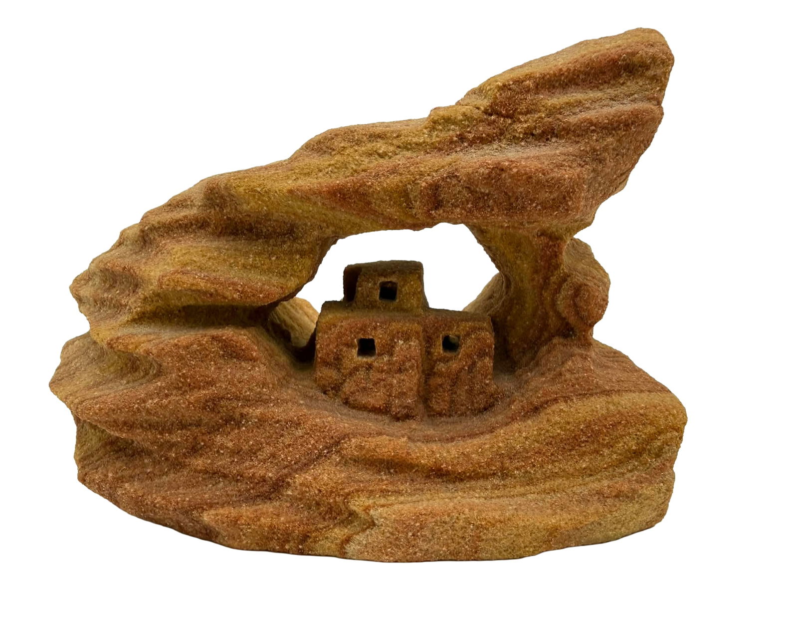 David Jeffery Hand-Carved Sandstone Sculpture – Cave Dwelling Form, Signed: Hand-carved sandstone sculpture by David Jeffery depicting a stylized architectural cave-dwelling form carved from a single block of naturally layered sandstone. The composition features a natural arc