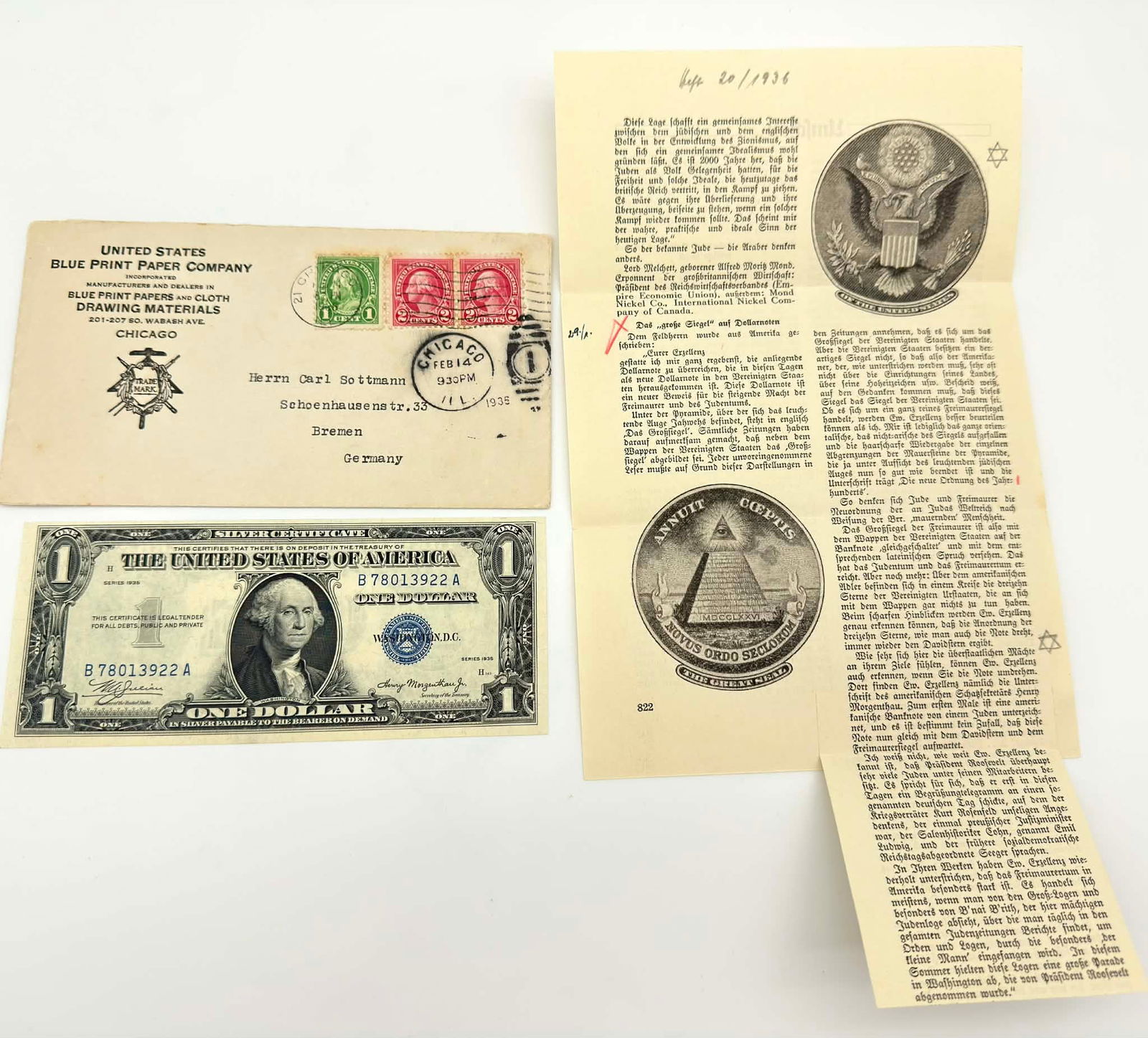 1935 Series U.S. One Dollar Silver Certificate with 1936 German Correspondence & Historical Ephemera (1 of 10)