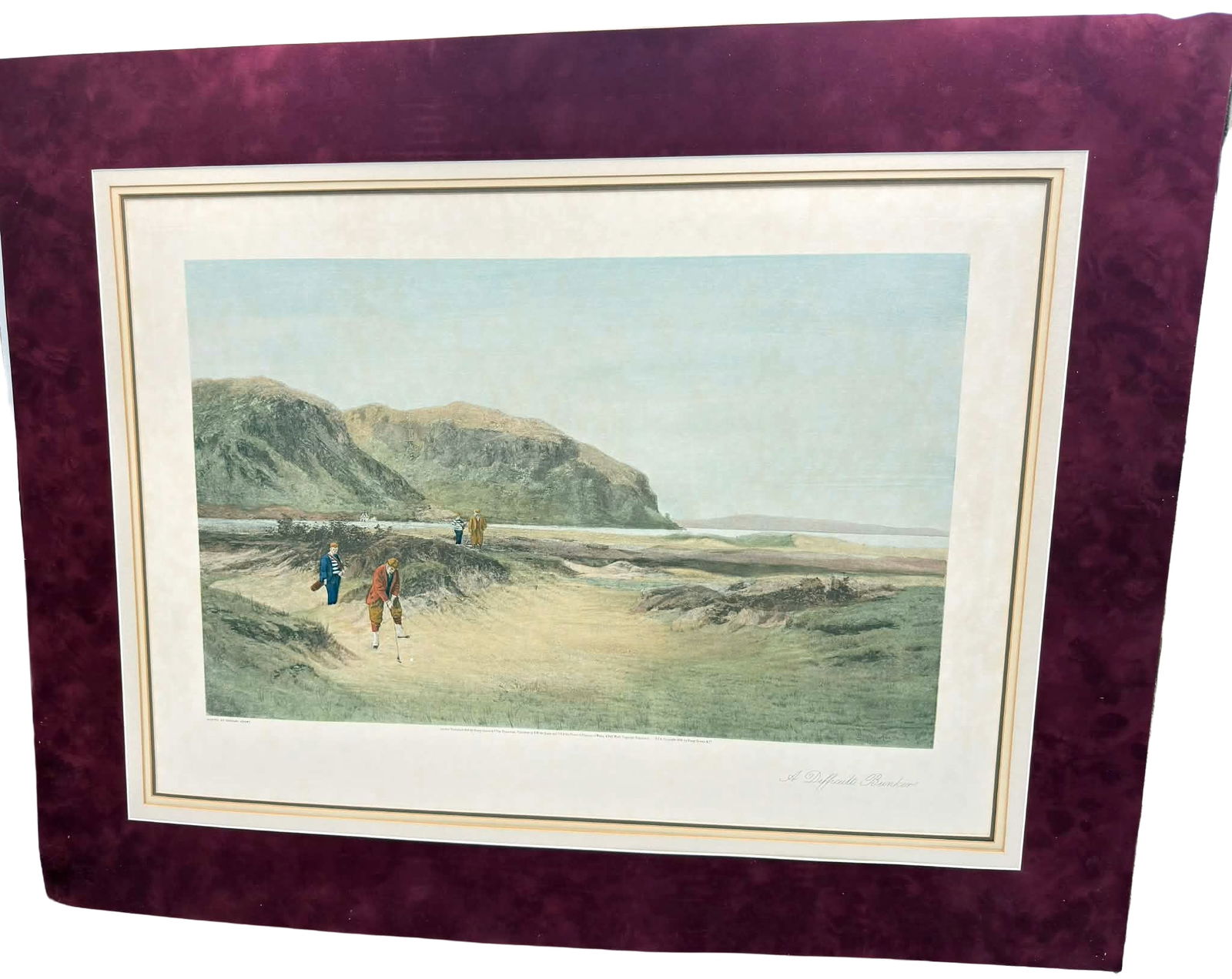 Douglas Adams (1853–1920) “A Difficult Bunker” 1894 Hand-Colored Lithograph – Henry: Antique hand-colored lithograph titled A Difficult Bunker, after the 1893 painting by British sporting artist Douglas Adams (1853–1920). Published in London in 1894 by Henry Graves & Co., the renown