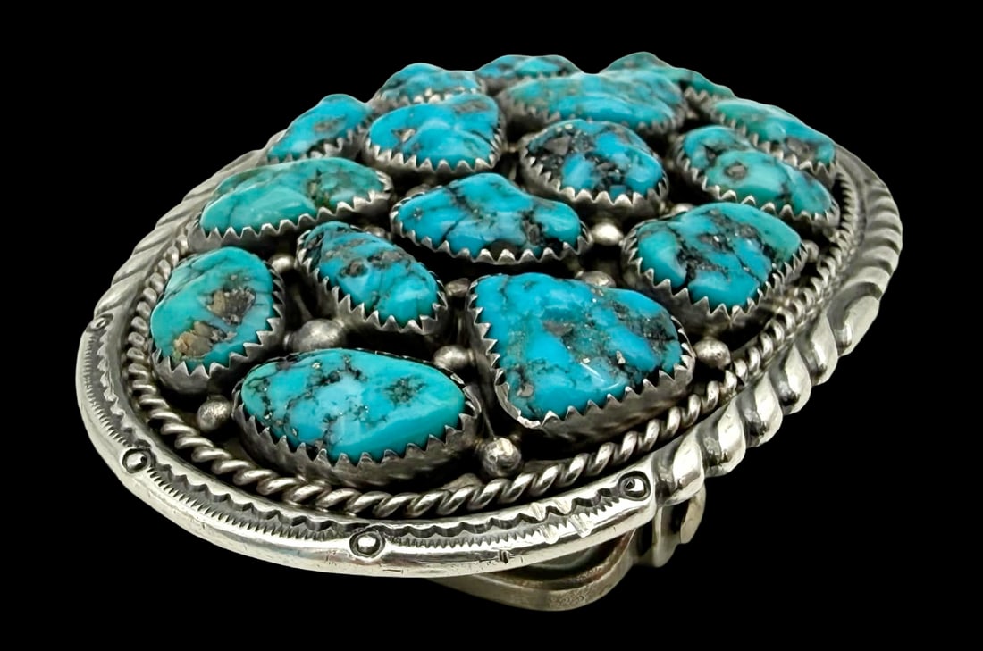 Wilford Nez Navajo Sterling Silver Turquoise Cluster Belt Buckle (1 of 7)