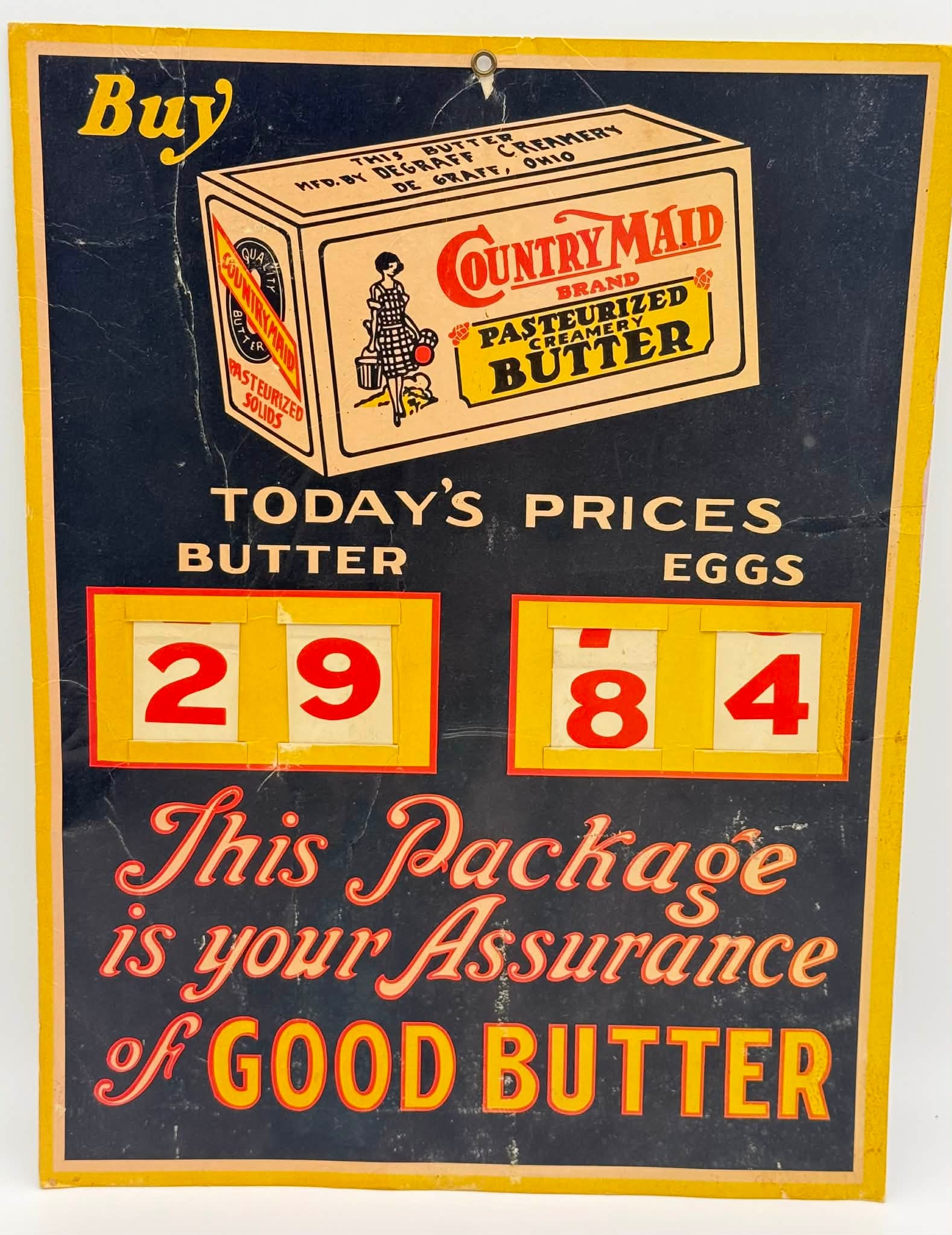 Vintage Country Maid Butter Advertising Price Sign – De Graff Ohio Creamery Display Board (1 of 3)