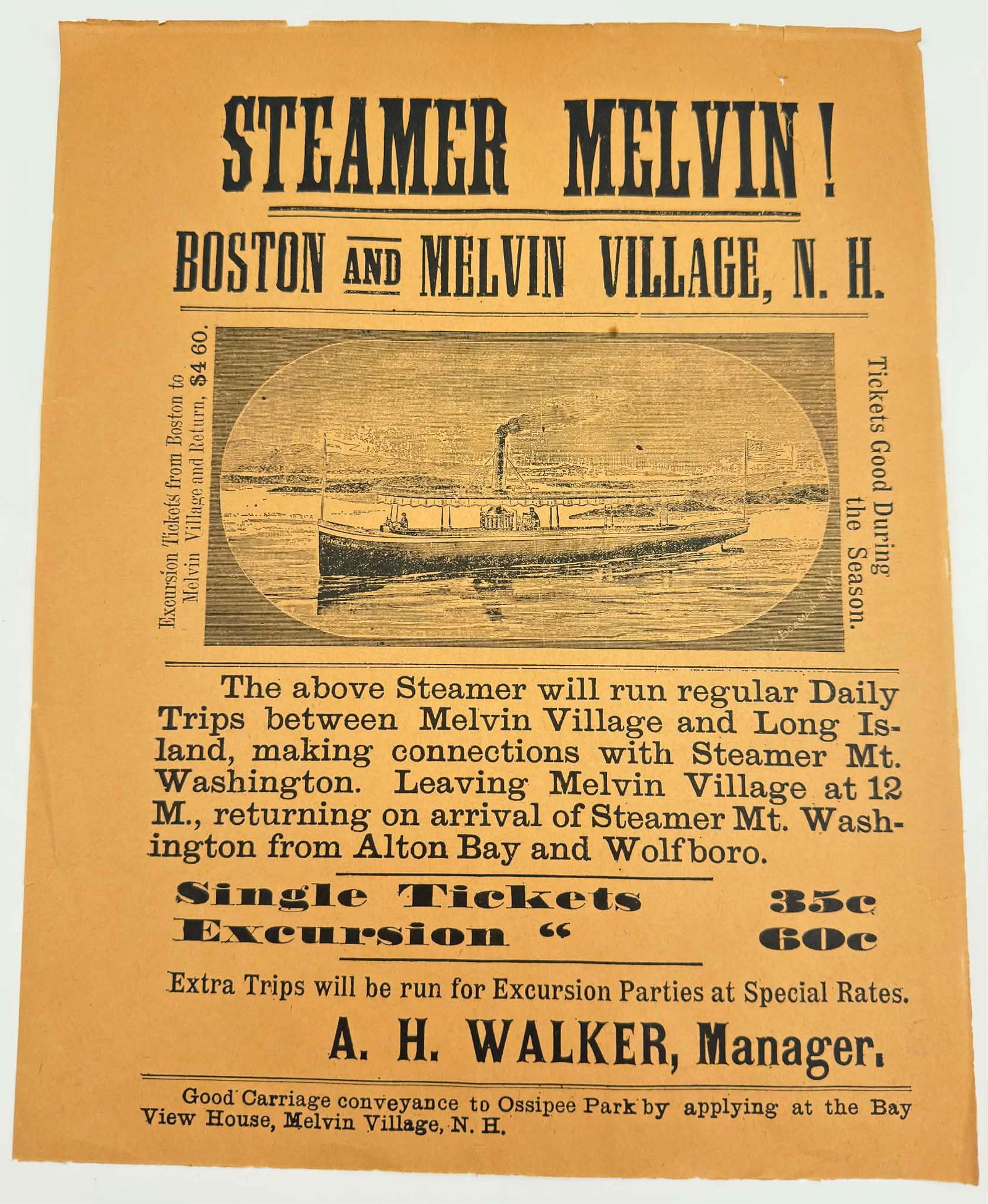 Antique Steamer Melvin Broadside Poster – Boston to Melvin Village, NH: An original antique travel advertising broadside promoting the “Steamer Melvin,” offering regular service between Boston and Melvin Village, New Hampshire. Printed in bold 19th-century typogra