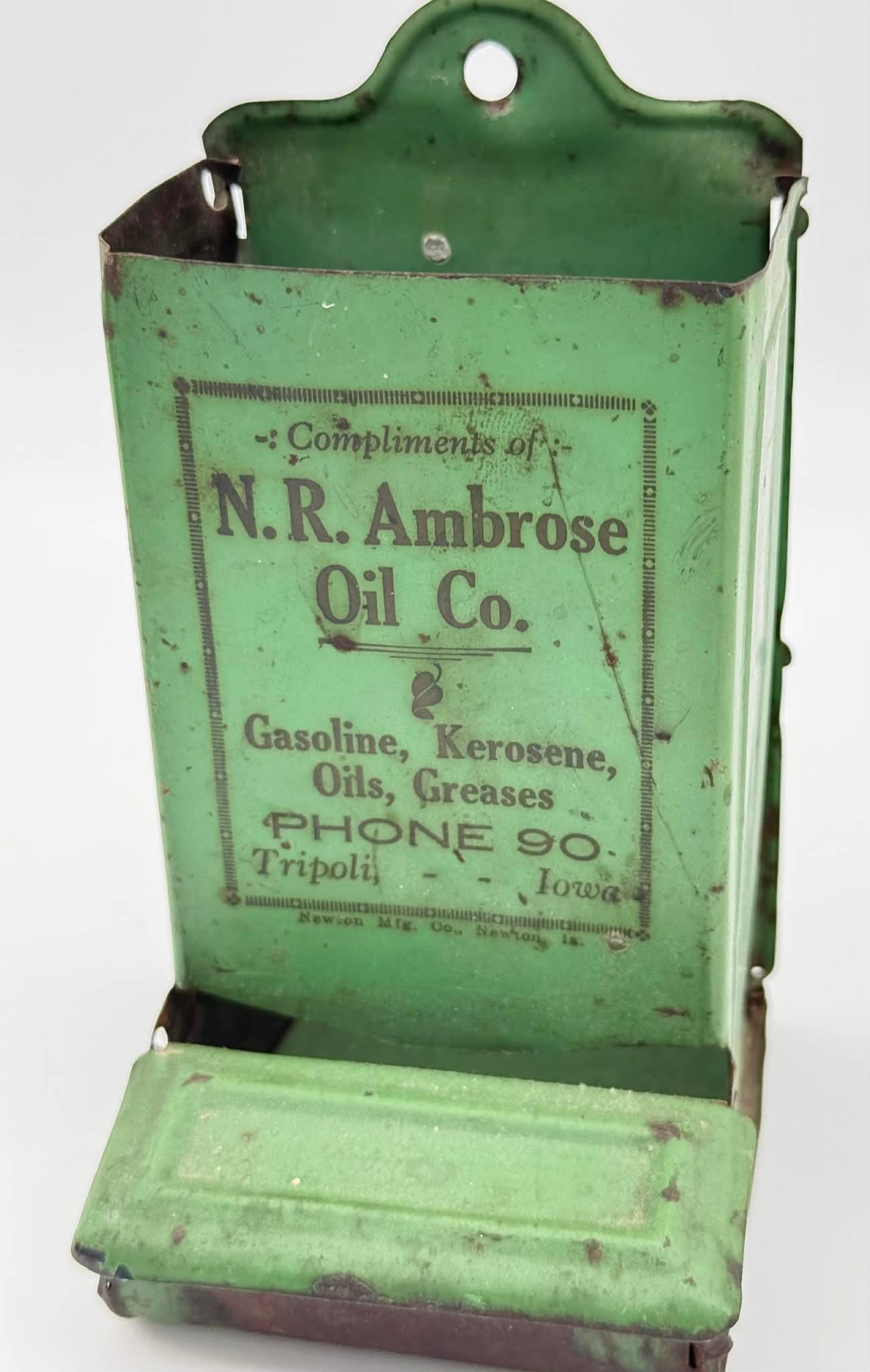 Early Tin Litho Match Holder N.R. Ambrose Oil Co Tripoli Iowa Advertising Wall Pocket (1 of 5)