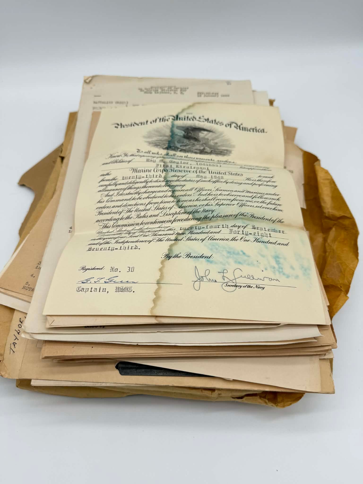 Ray M. Taylor USMC Officer Archive 1948 Commission Original Orders (Lejeune, Pendleton, Vieques) (1 of 14)