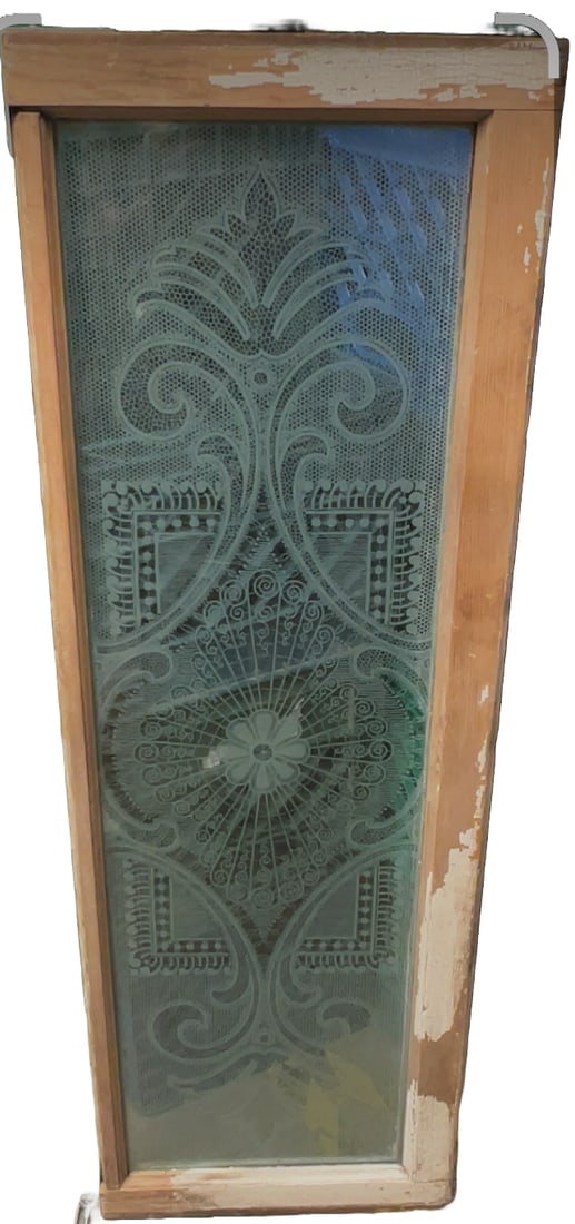 Pair Antique Acid Etched Glass Windows Decorative Architectural Salvage Panels: A portion of proceeds from this lot benefits Greater Vail Community ReSources (Vail Depot Thrift Store & Food Bank, Arizona), supporting community food access and assistance programs. Pair of antique