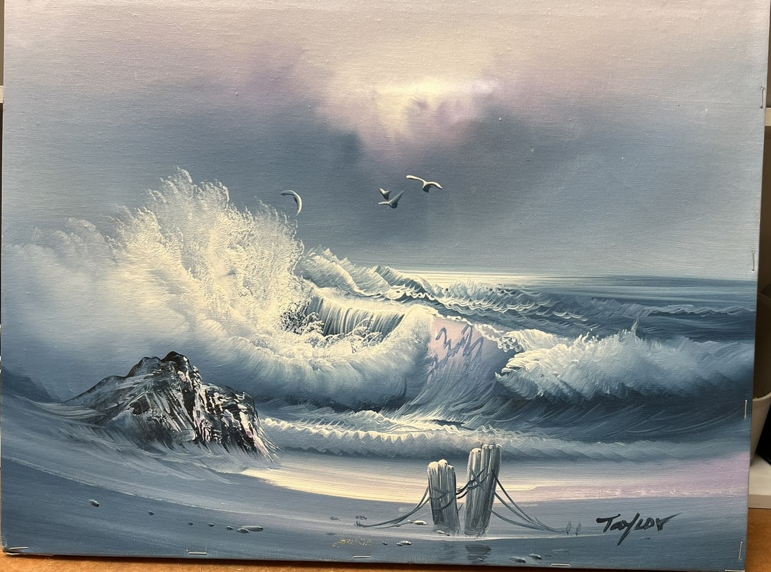 Original Oil Seascape Painting Signed Taylor Ocean Waves Coastal Art: A portion of proceeds from this lot benefits Greater Vail Community ReSources (Vail Food Bank & Vail Depot Thrift Store, AZ), supporting essential community services. Original oil on canvas seascape p