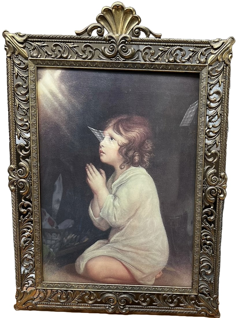 Infant Samuel Print Italian Filigree Brass Frame Bubble Glass Religious Art: A portion of proceeds from this lot benefits Greater Vail Community ReSources (Vail Food Bank & Vail Depot Thrift Store, AZ), supporting essential community services. Framed print titled “The Infant