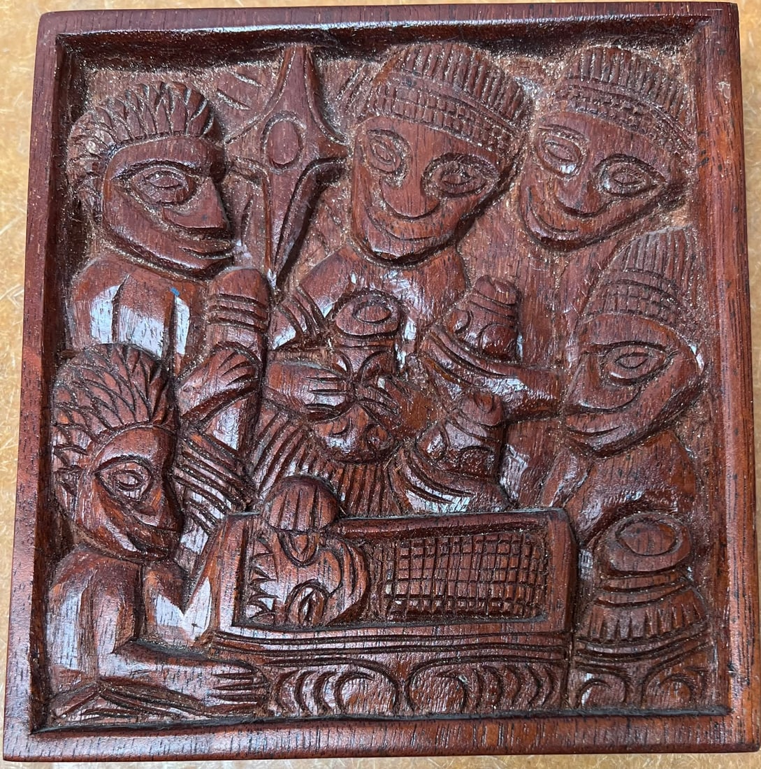 Hand Carved Yoruba Style Wooden Relief Panel Nigerian Tribal Figures Sculpture: A portion of proceeds from this lot benefits Greater Vail Community ReSources (Vail Food Bank & Vail Depot Thrift Store, AZ), supporting essential community services. Hand-carved wooden relief panel d