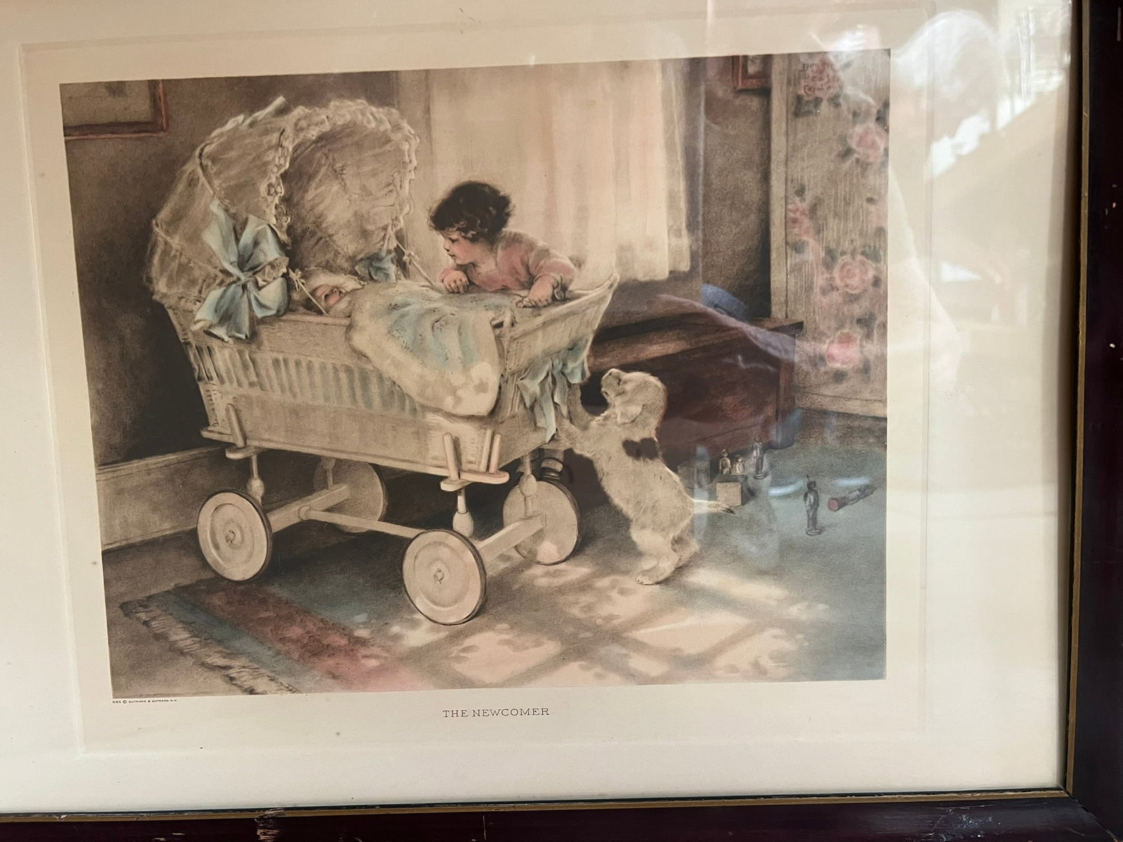 Bessie Pease Gutmann The Newcomer 1919 Vintage Print Framed Nursery Art: A portion of proceeds from this lot benefits Greater Vail Community ReSources (Vail Food Bank & Vail Depot Thrift Store, AZ), supporting essential community services. Vintage print titled “The Newco