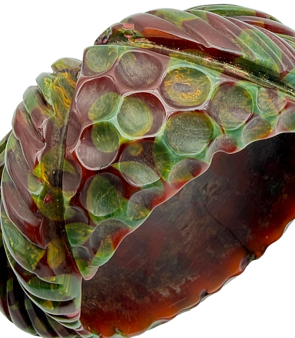 Rare Carved Catalin Resin (Bakelite) Bangle Inside “Button” Dots – Green Marbled,: Only a few exist of this style! Rare Carved Catalin Resin - a striking vintage bangle bracelet from a New York studio collection, featuring richly carved surfaces and distinctive internally carved “