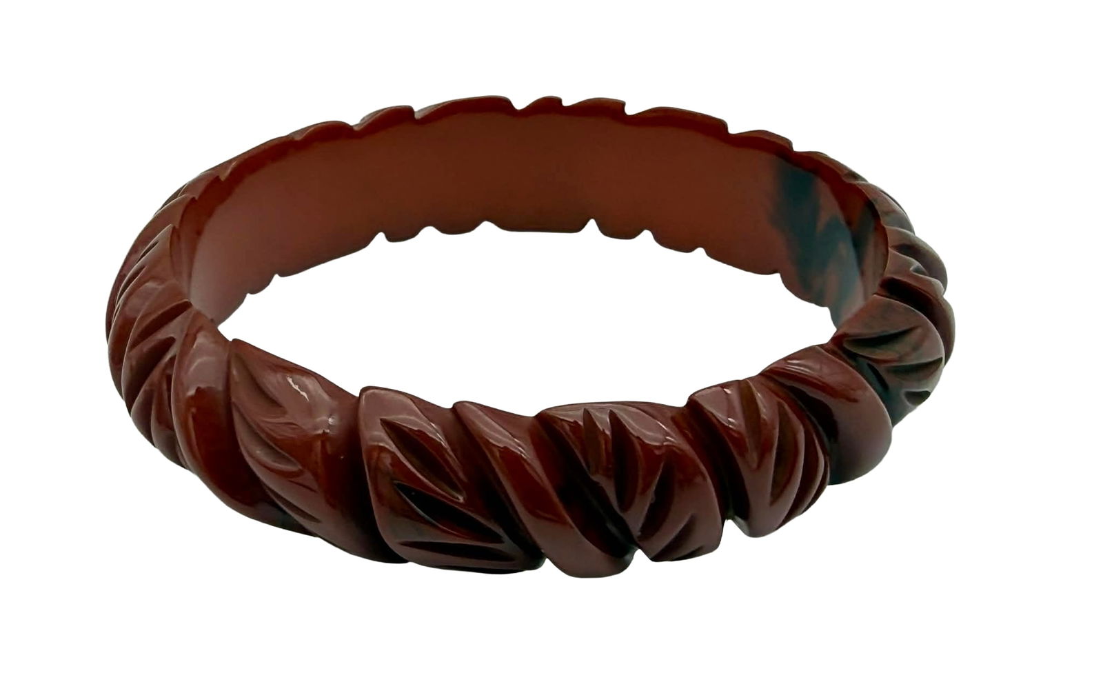 Deeply Carved Catalin Leaf Motif Bangle Bracelet, Translucent Red, 1930s–1940s – New York Studio (1 of 4)