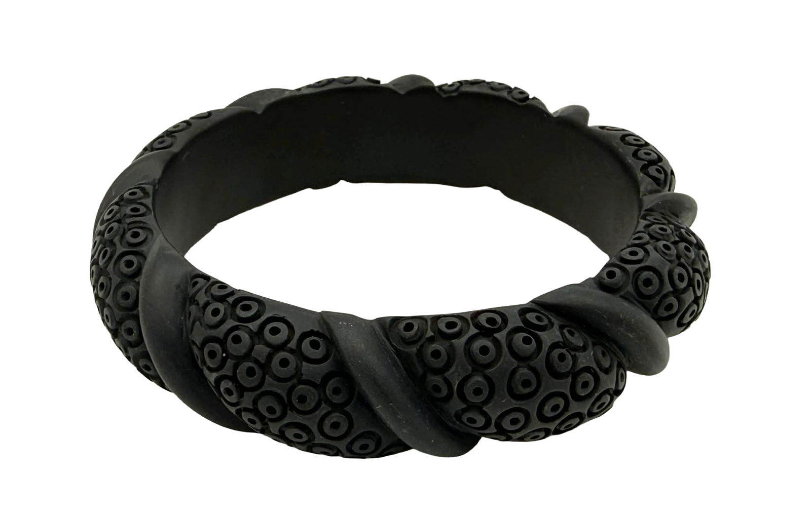 Rare Textured Catalin Bangle Bracelet with Allover Dot Motif, Blue-Grey, 1930s–1940s – New York: Unusual vintage Catalin bangle bracelet dating to the 1930s–1940s, featuring a highly distinctive allover raised dot motif arranged in a repeating circular pattern across the exterior. The bracelet