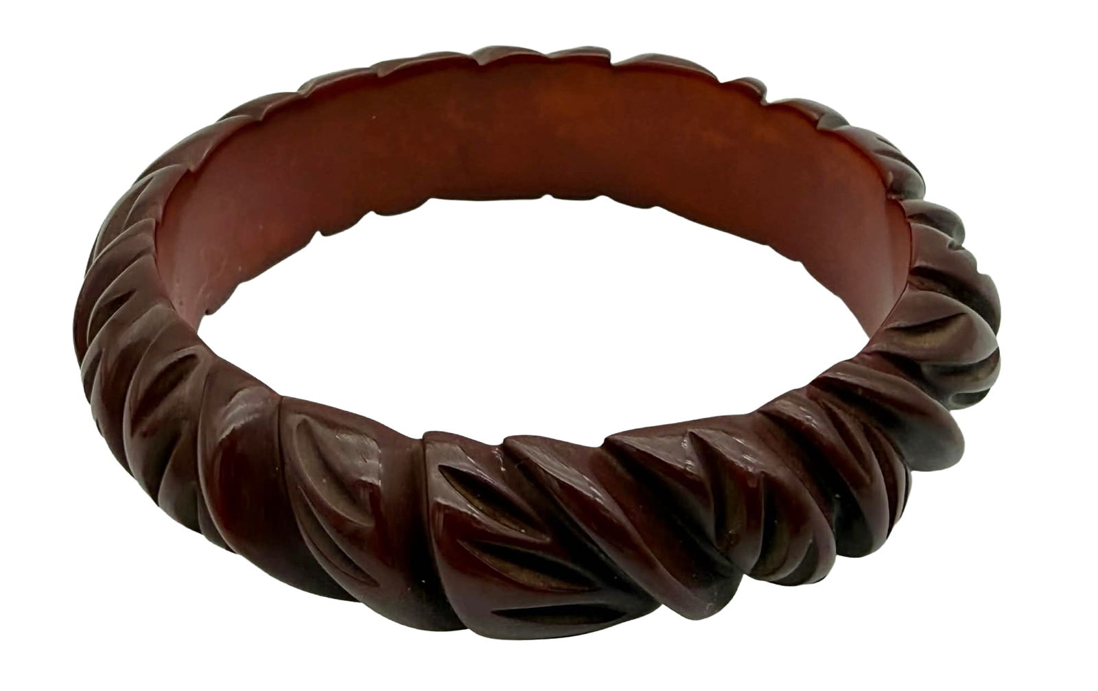 Deeply Carved Catalin Bangle Bracelet with Spiral Leaf Motif, Translucent Brown, 1930s–1940s (1 of 4)