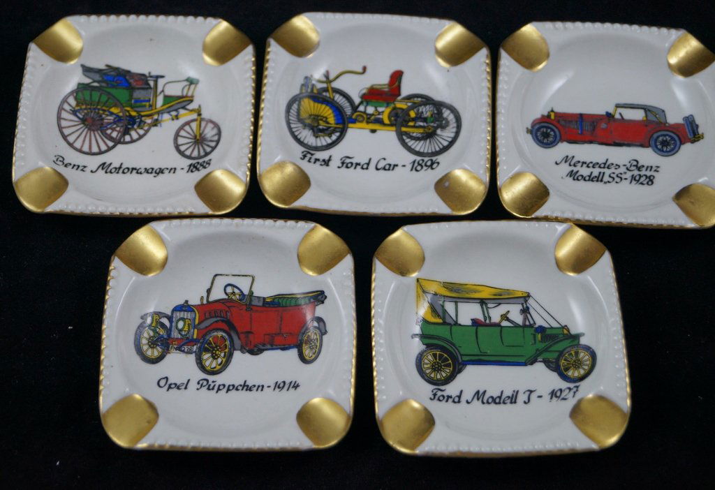 Germany Vintage Ashtrays, Antique Cars Ford LOT OF 5: Here is a LOT OF 5 (set) vintage ashtrays featuring antique cars. Marked "Original Germany" on all five. Cars are Opel Puppchen, 1914, Ford Model T, 1927, Benz Motorwagon, 1888, Mercedes Benz Model SS