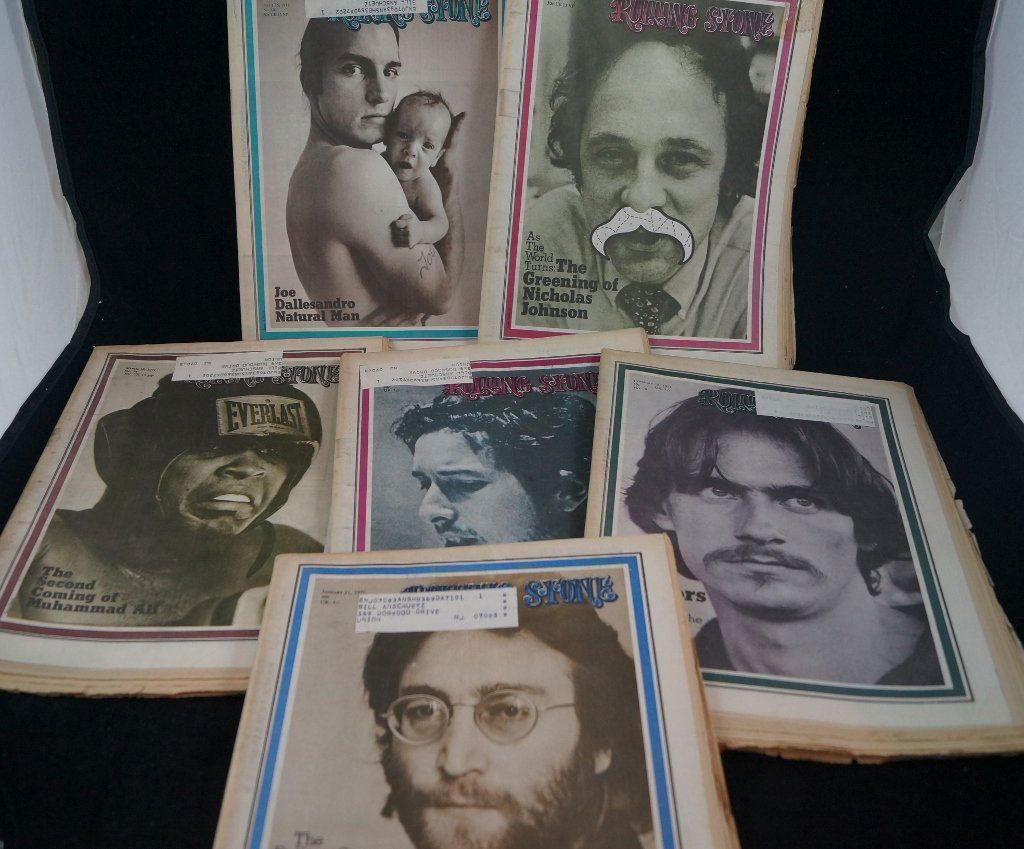 6 Rolling Stone Magazines 1971, John Lennon Bob Dylan: Great lot of Rolling Stone Magazines all from 1971. Featuring RARE issues and interview from Bob Dylan, Muhammad Ali, and John Lennon. Issues include: No. 74, 77, 79, 76, 78, and 80. Good to very good