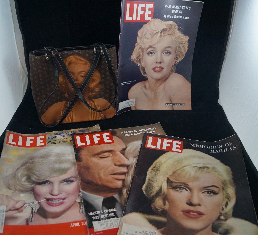 Marilyn Manroe 4 LIFE Magazines and Bag LOT: Here are 4 vintage and collectible LIFE magazines of Marilyn Monroe. Mags are August 7, 1964, August 17, 1962, August 15, 1960, and April 20, 1959. Good condition. Plus a beaded strapped bag/purse. Co