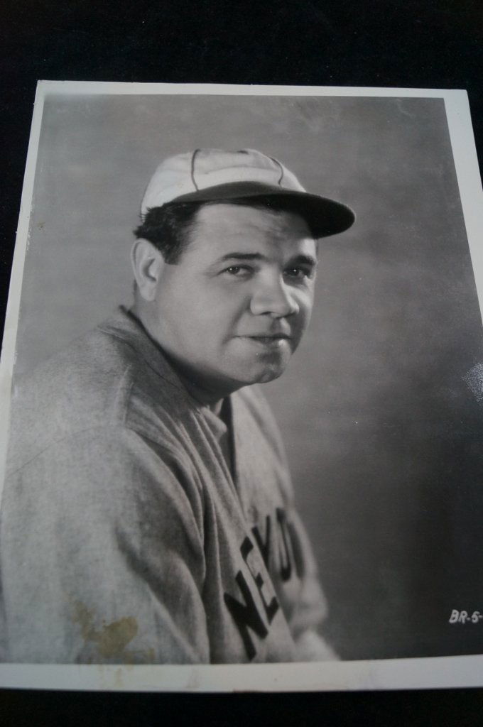 Babe Ruth Headshot Photography, Vintage Baseball: 8 x 10 photo of Babe Ruth. Marked an bottom corner: "BR-5-9" Condition is very good. Light wear to bottom edge with small stain.
